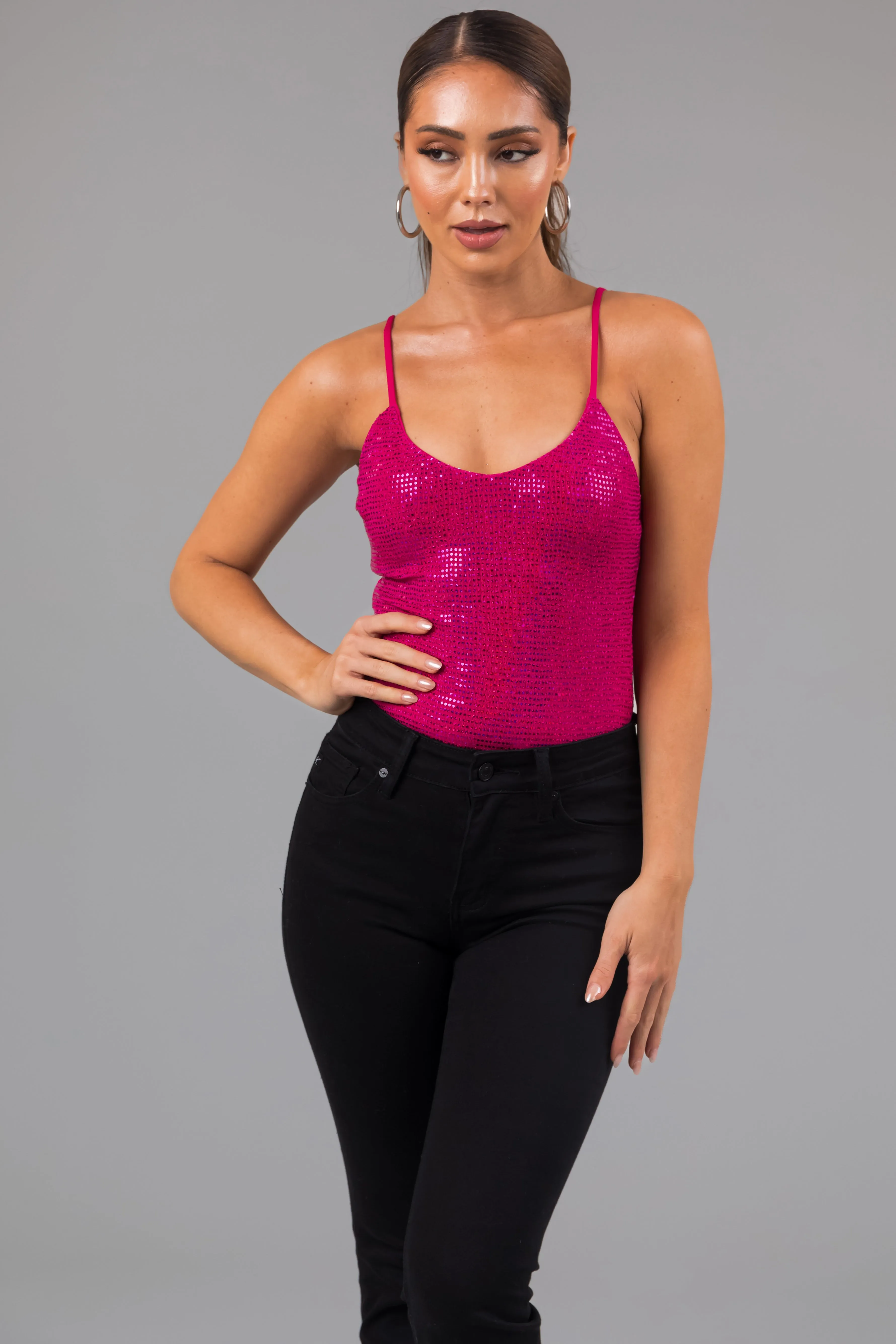 Magenta Strappy Back Sequined Bodysuit sold by Lime Lush product image thumbnail 2