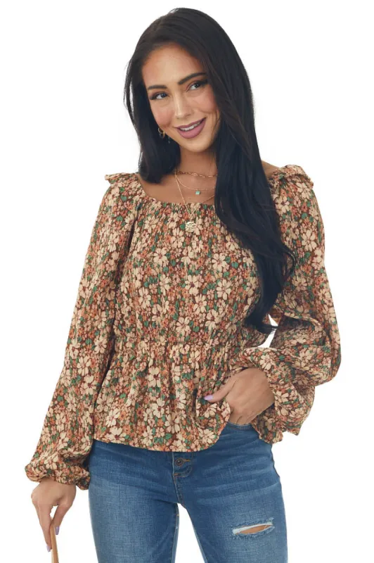 Sepia Floral Print Long Sleeve Pleated Blouse sold by Lime Lush