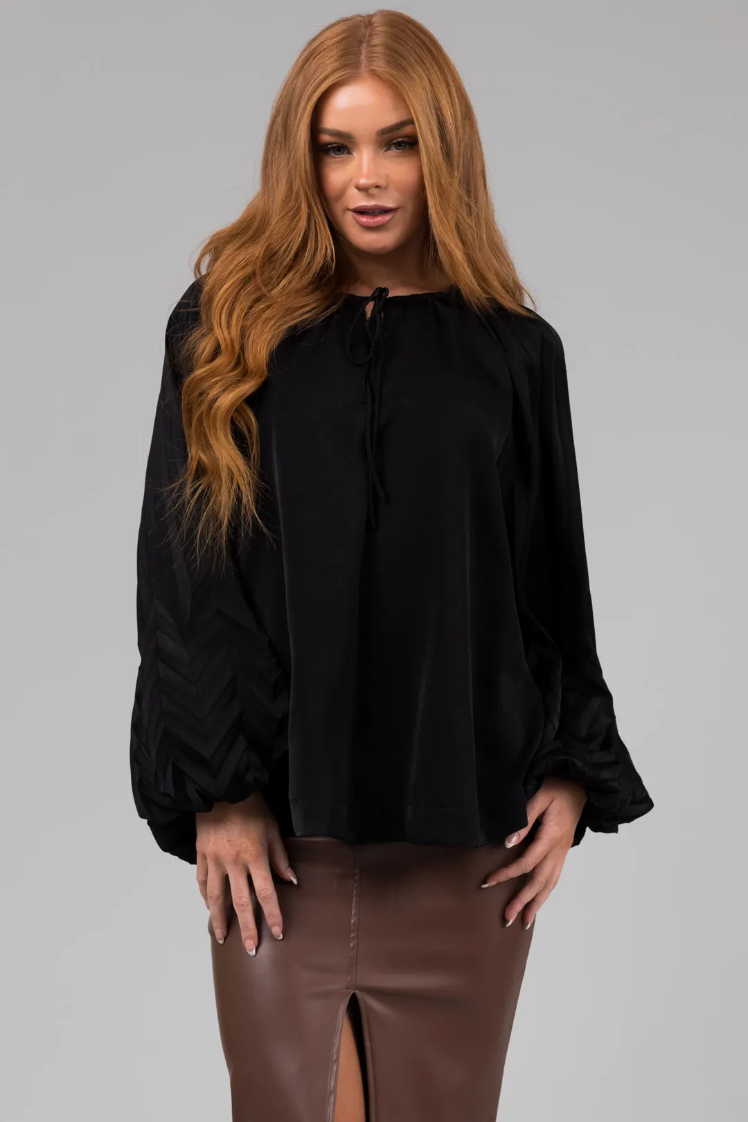 Black V Neck Pleated Detail Long Sleeve Top sold by Lime Lush