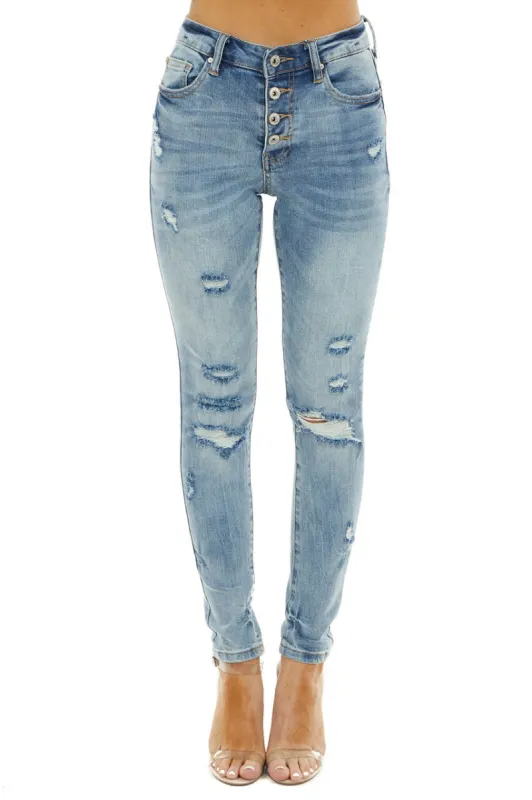 Special A Medium Distressed Mid Rise Button Up Skinny Jeans sold by Lime Lush