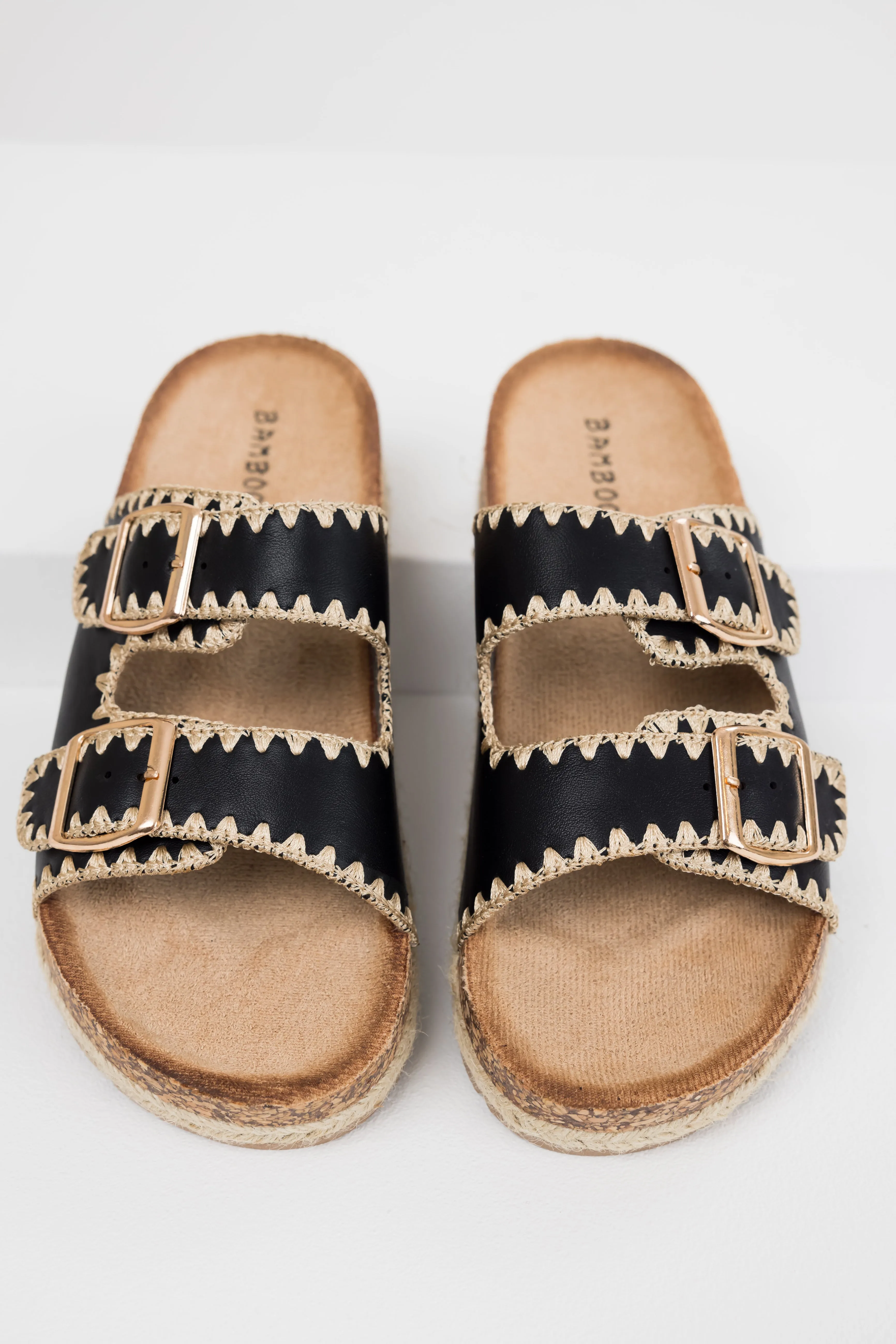 Black Thread Trim Buckle Cork Slide Sandals sold by Lime Lush product image thumbnail 2
