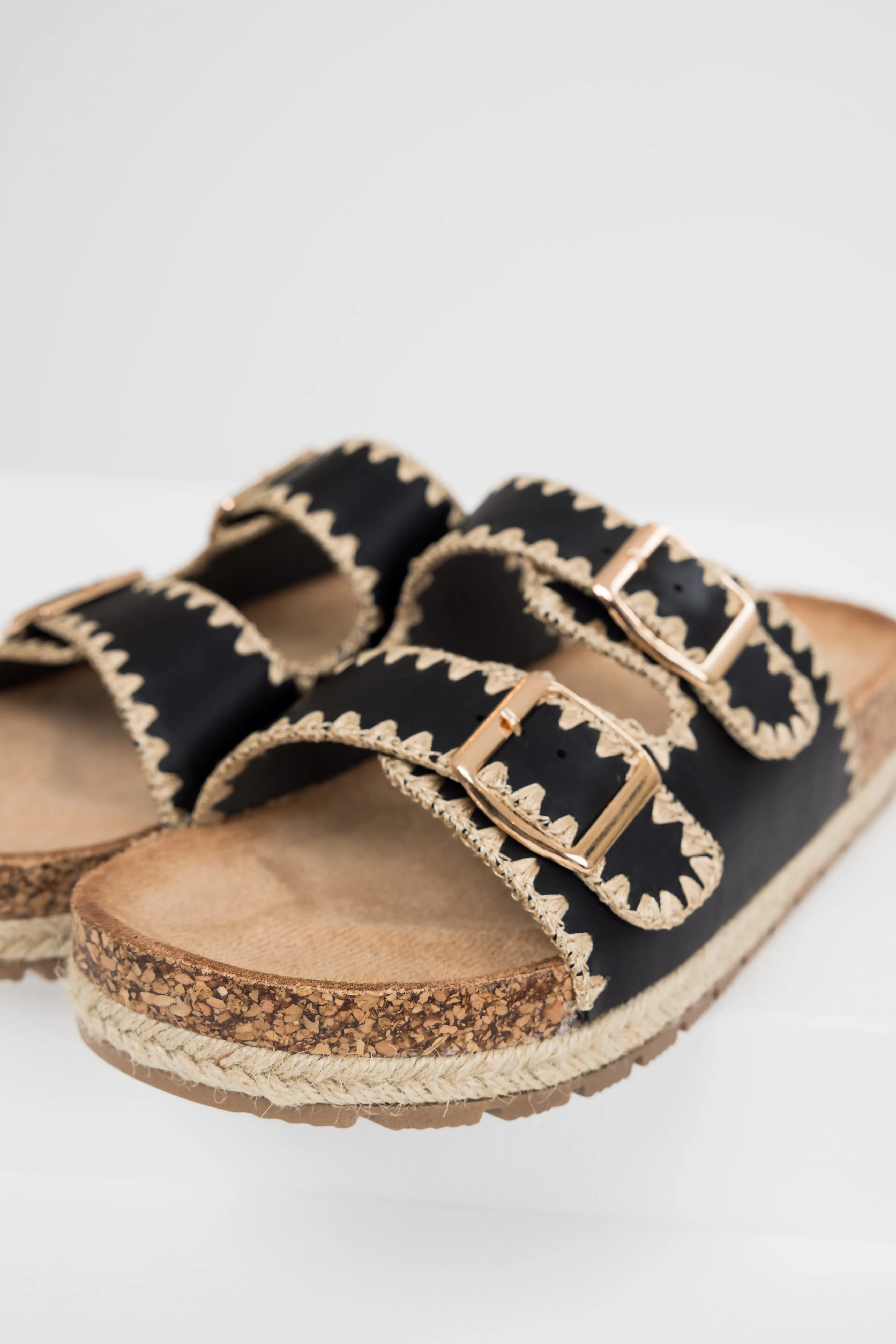 Black Thread Trim Buckle Cork Slide Sandals sold by Lime Lush product image thumbnail 3