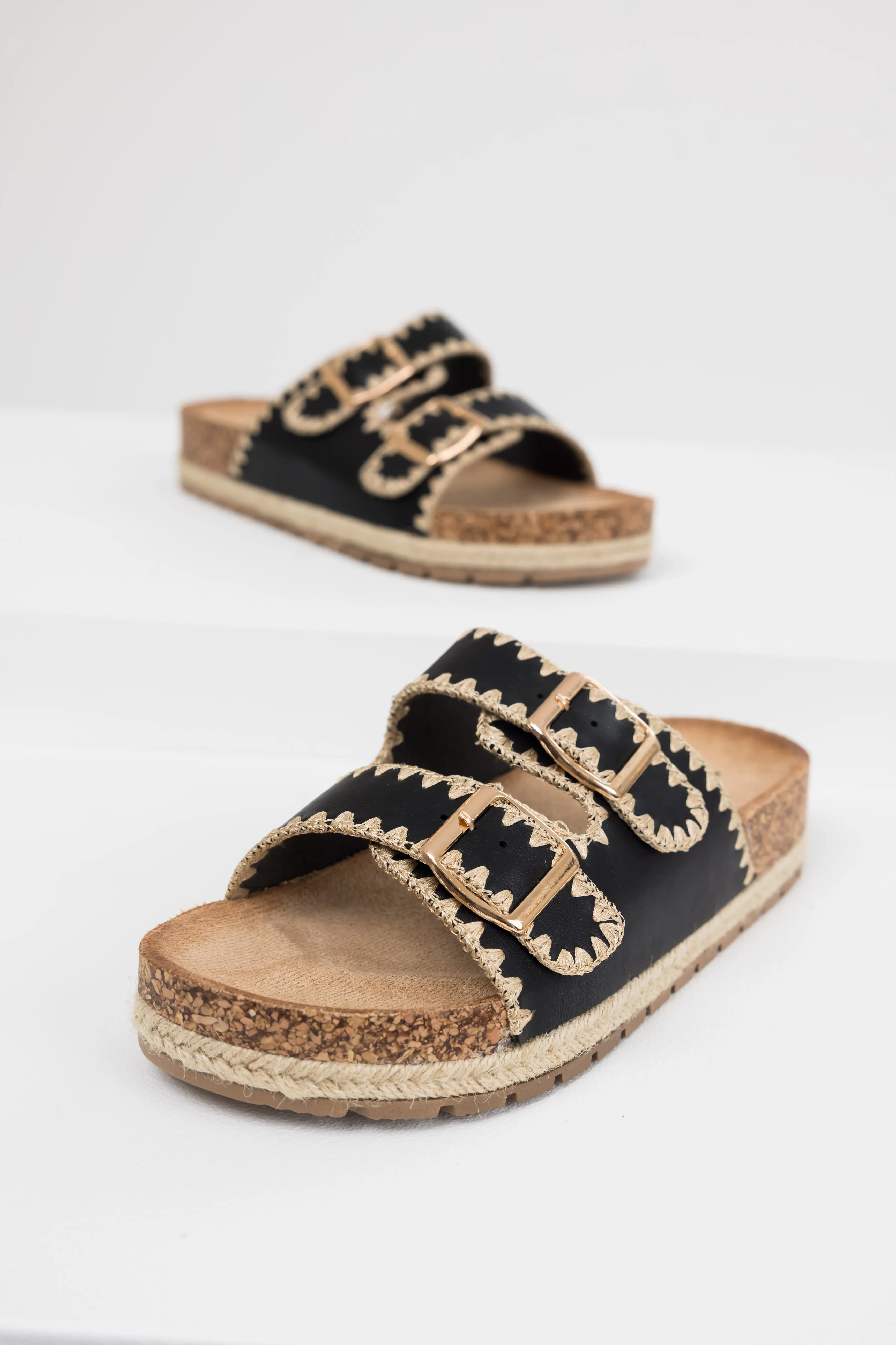 Black Thread Trim Buckle Cork Slide Sandals sold by Lime Lush