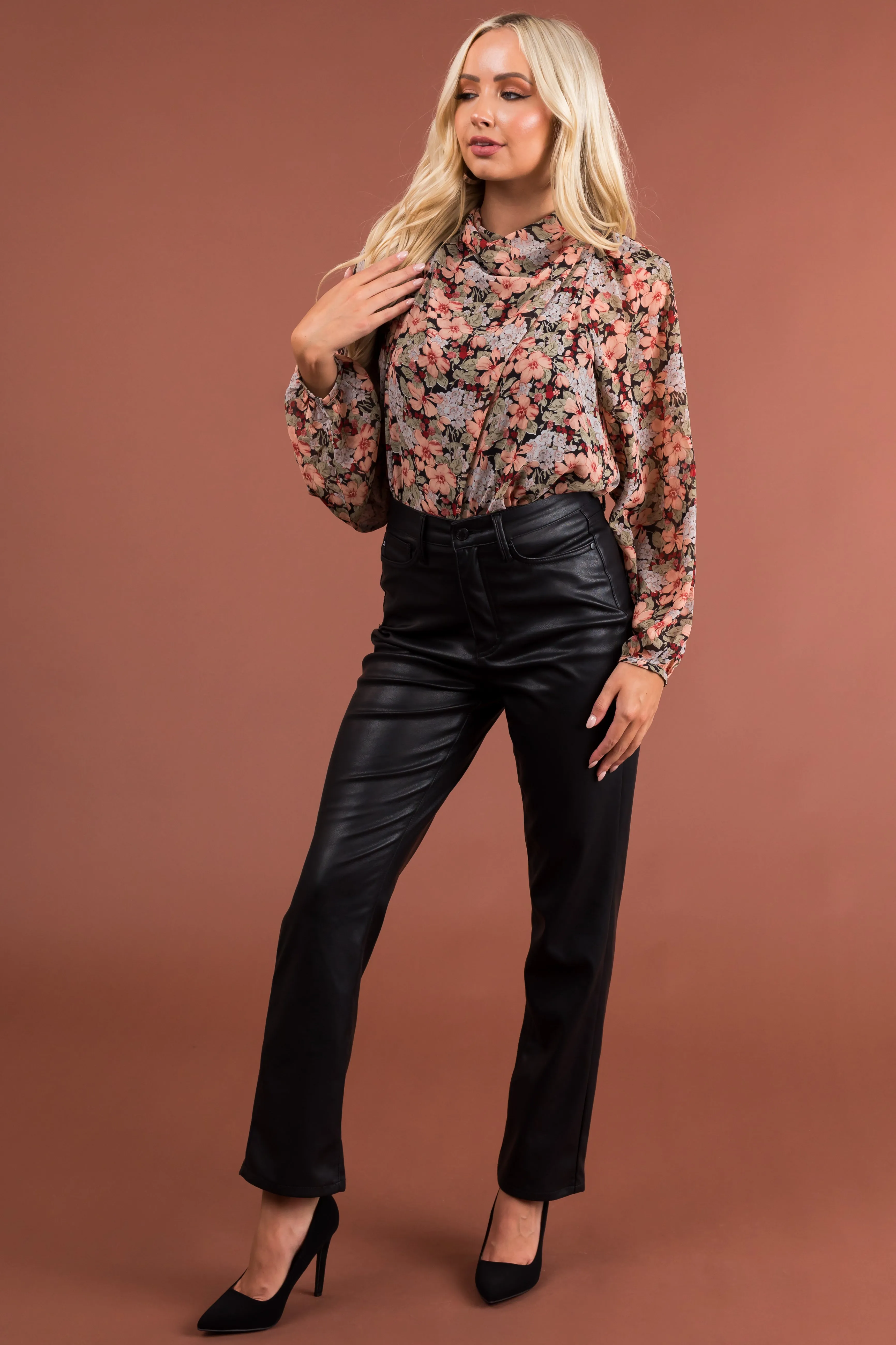 Peach Floral Print Long Sleeve Woven Blouse sold by Lime Lush product image thumbnail 3