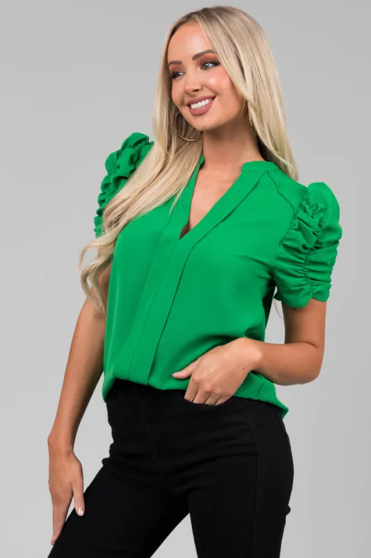 Jade Short Ruched Sleeve V Neck Blouse sold by Lime Lush