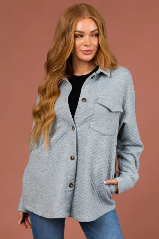 Dove Grey Lattice Quilted Chest Pocket Shacket sold by Lime Lush