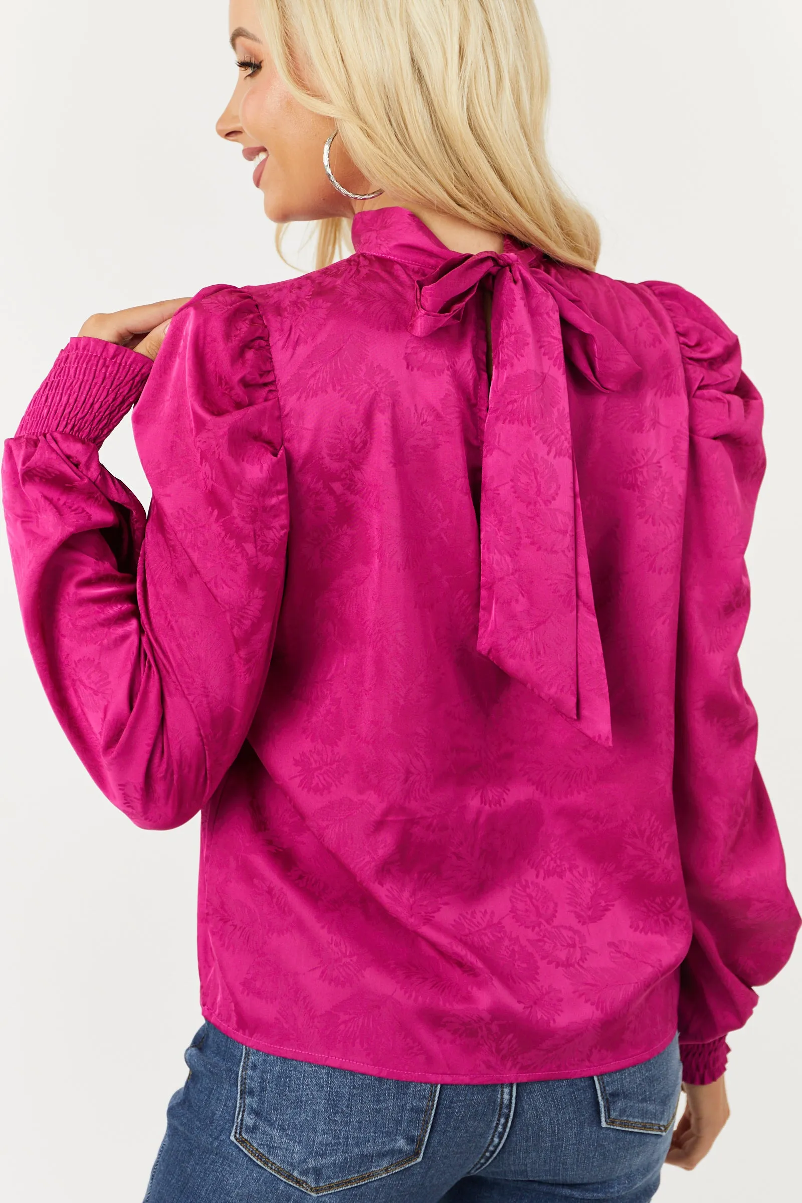 Flying Tomato Magenta Leaf Jacquard Puff Shoulder Satin Top sold by Lime Lush product image thumbnail 5