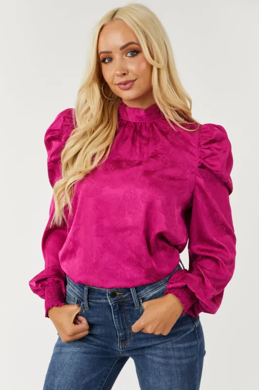 Flying Tomato Magenta Leaf Jacquard Puff Shoulder Satin Top sold by Lime Lush