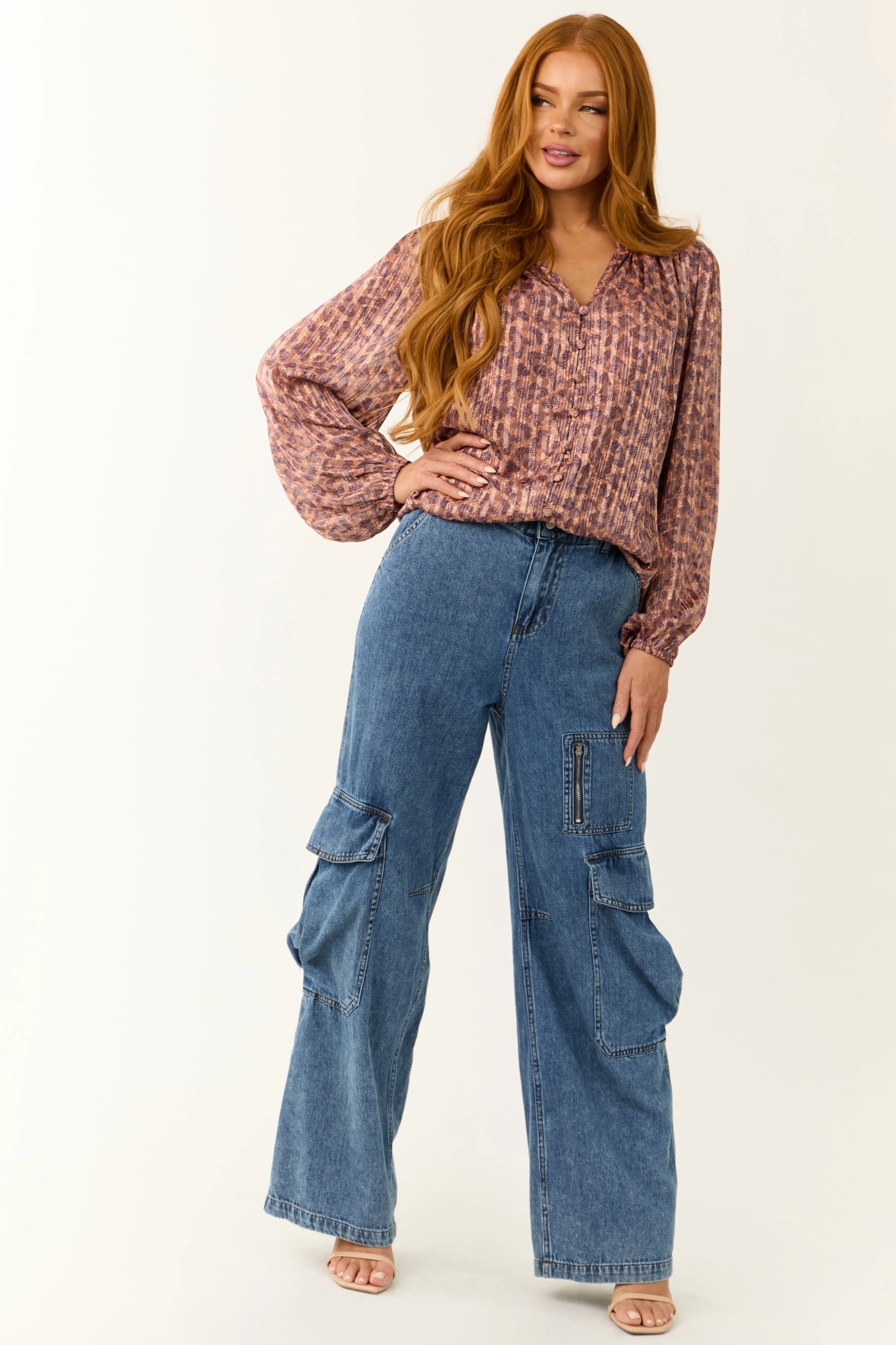 Mauve Abstract Leopard Print Pleated Long Sleeve Top sold by Lime Lush product image thumbnail 3