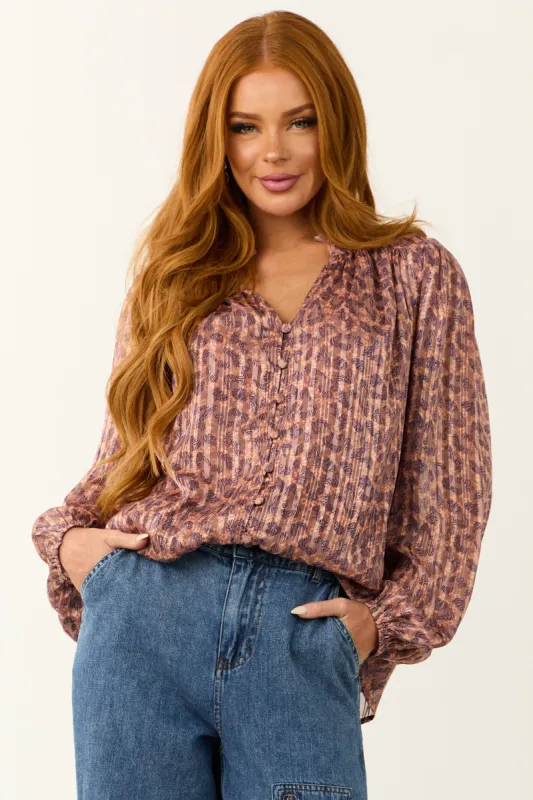 Mauve Abstract Leopard Print Pleated Long Sleeve Top sold by Lime Lush