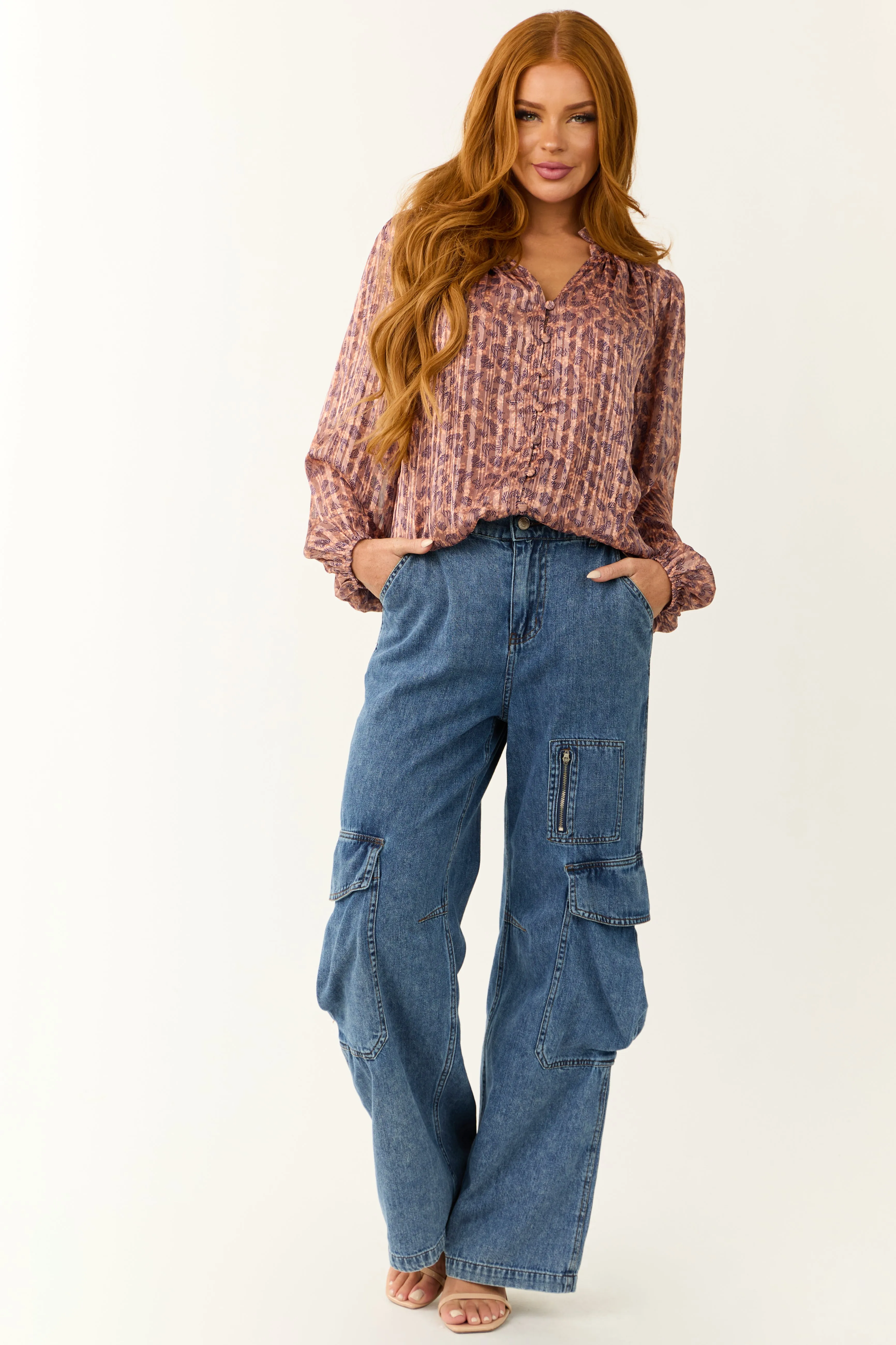 Mauve Abstract Leopard Print Pleated Long Sleeve Top sold by Lime Lush product image thumbnail 2