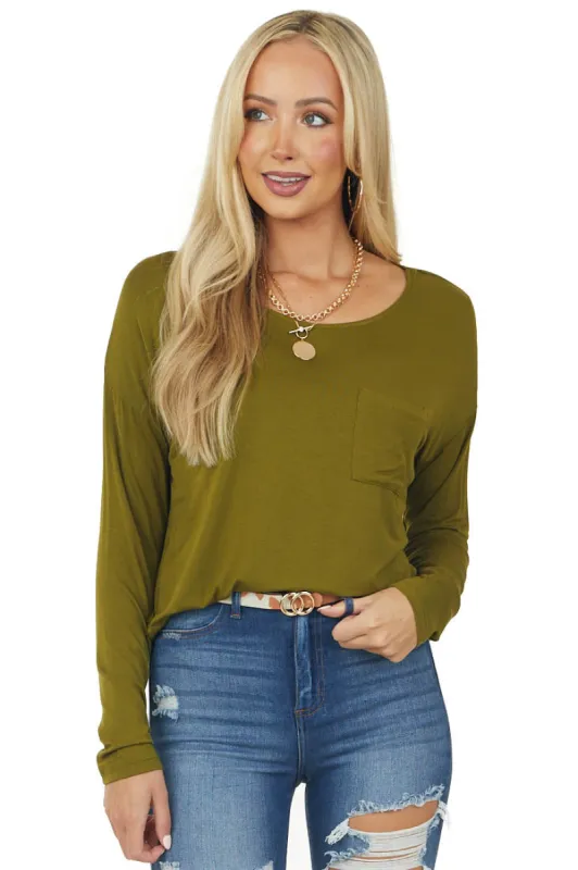 Deep Olive Long Sleeve Knit Top with Chest Pocket sold by Lime Lush