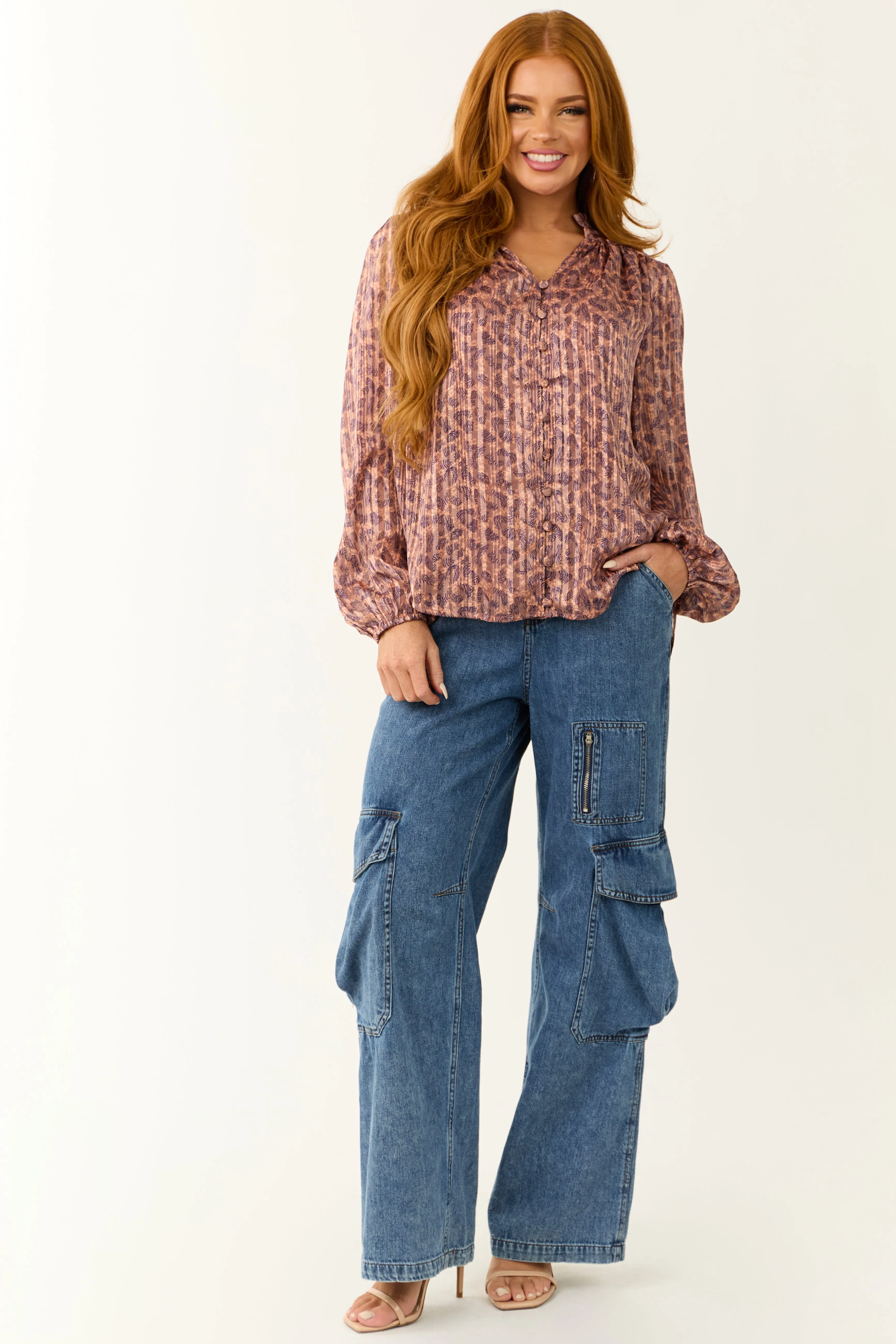 Mauve Abstract Leopard Print Pleated Long Sleeve Top sold by Lime Lush product image thumbnail 4