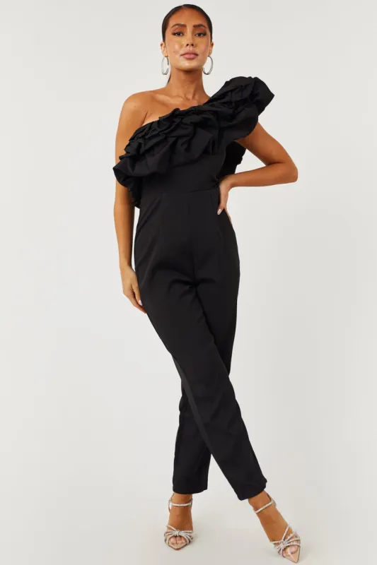 Black Ruffle One Shoulder Woven Jumpsuit sold by Lime Lush