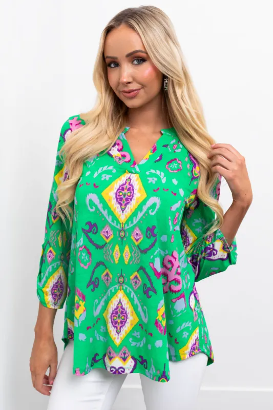 Kelly Green Printed 3/4 Sleeve Blouse sold by Lime Lush