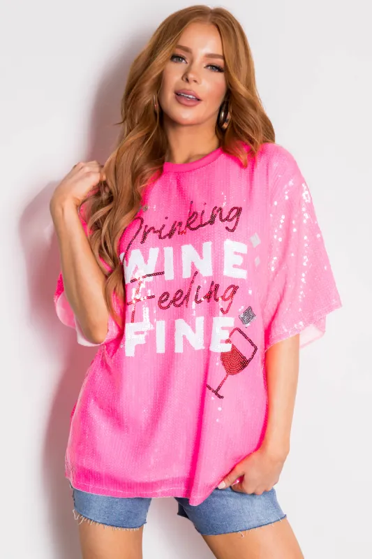 Neon Hot Pink 'Drinking Wine' Sequined Top sold by Lime Lush