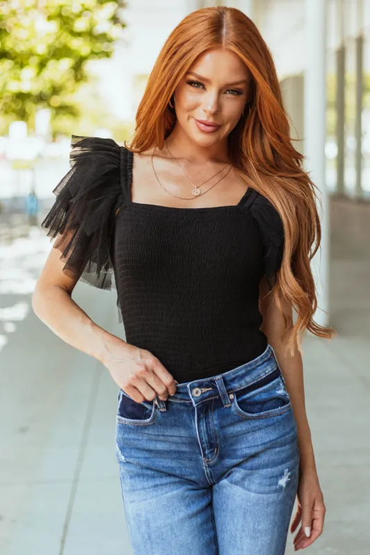 Black Tulle Ruffle Sleeve Bodysuit sold by Lime Lush