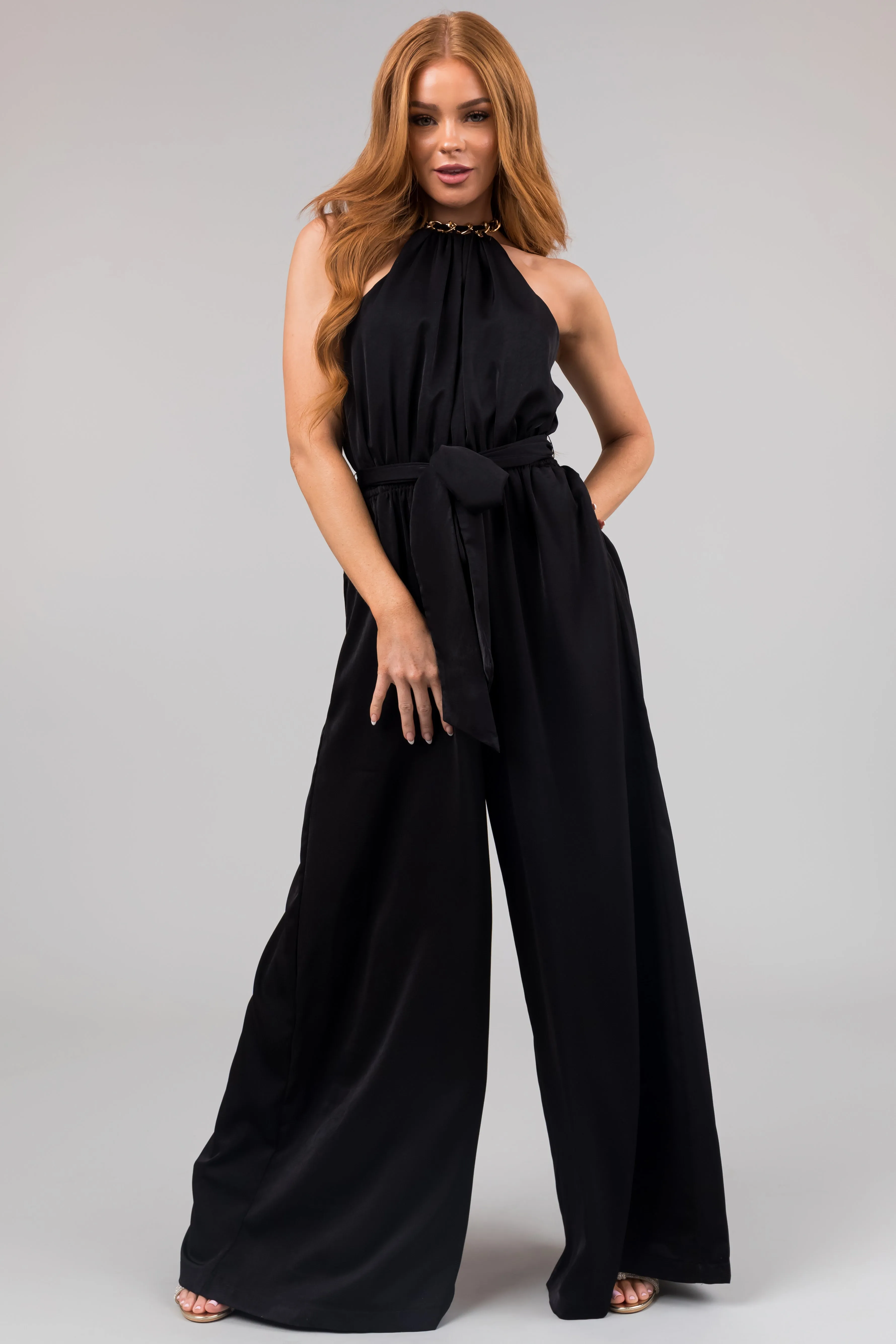 Black Sleeveless Chain Neckline Jumpsuit sold by Lime Lush product image thumbnail 2