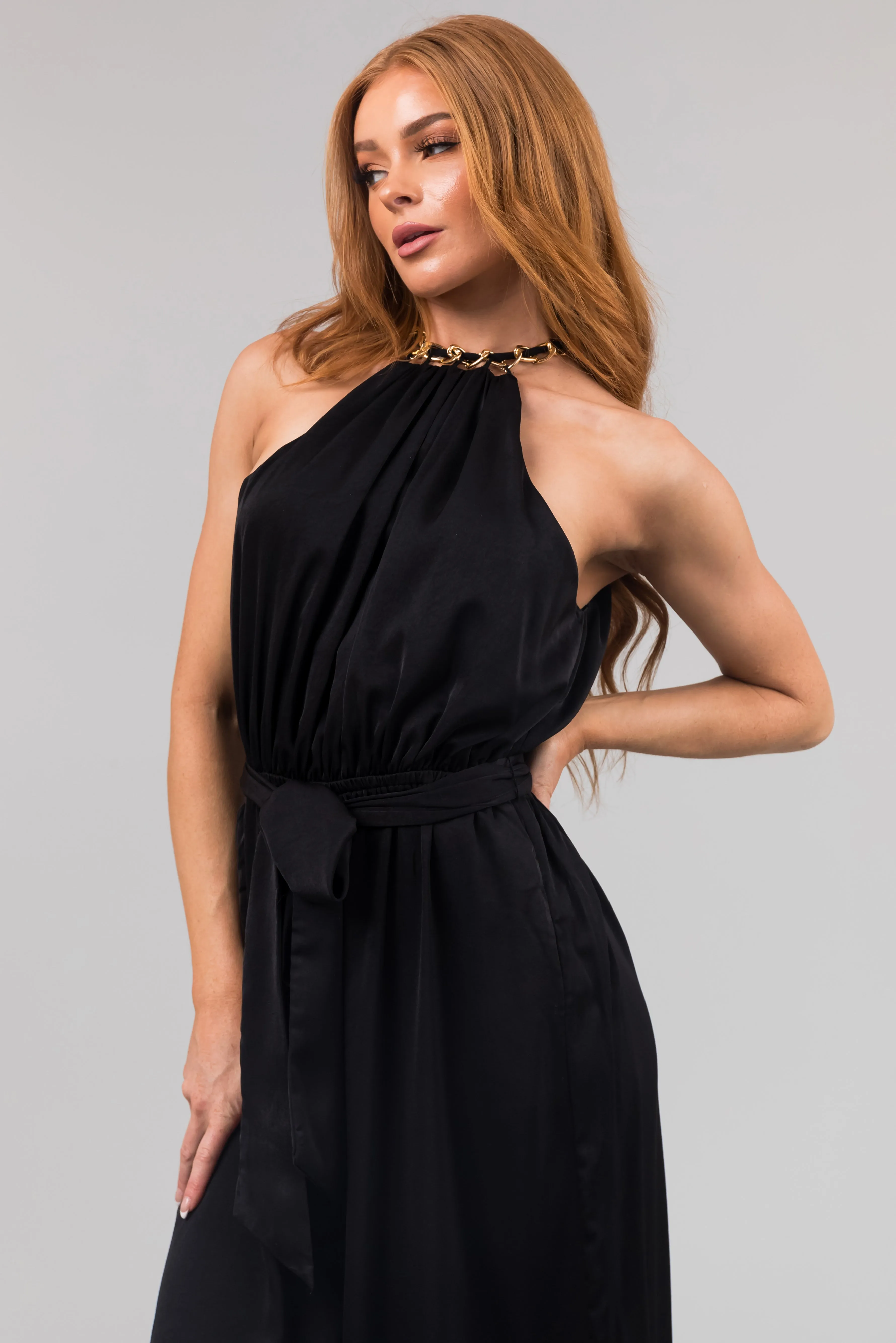 Black Sleeveless Chain Neckline Jumpsuit sold by Lime Lush product image thumbnail 4