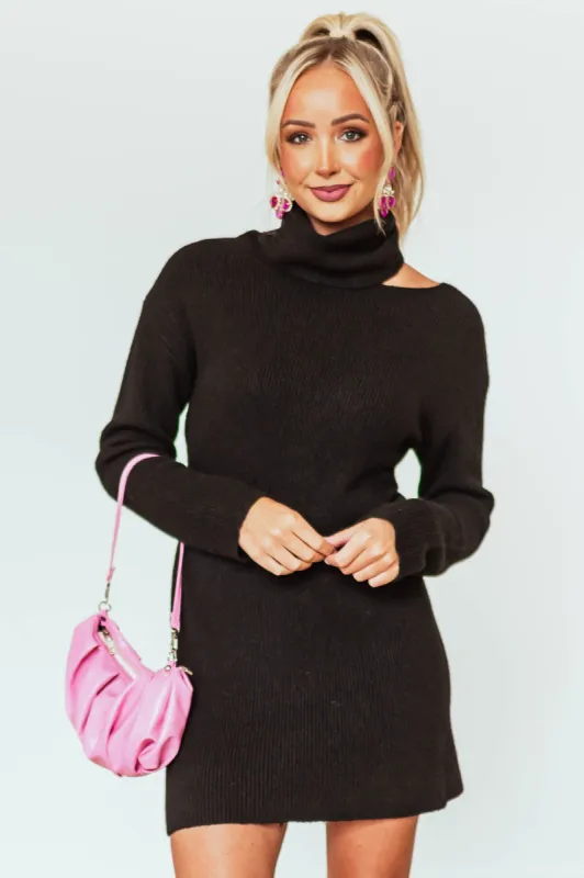 Black Ribbed Turtleneck Mini Sweater Dress with Cutout sold by Lime Lush