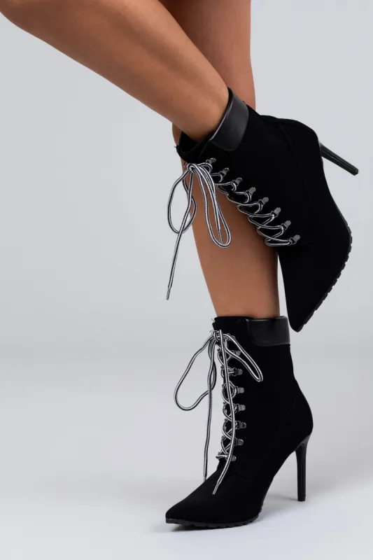 Black Pointed Toe Lace Up Stiletto Booties sold by Lime Lush