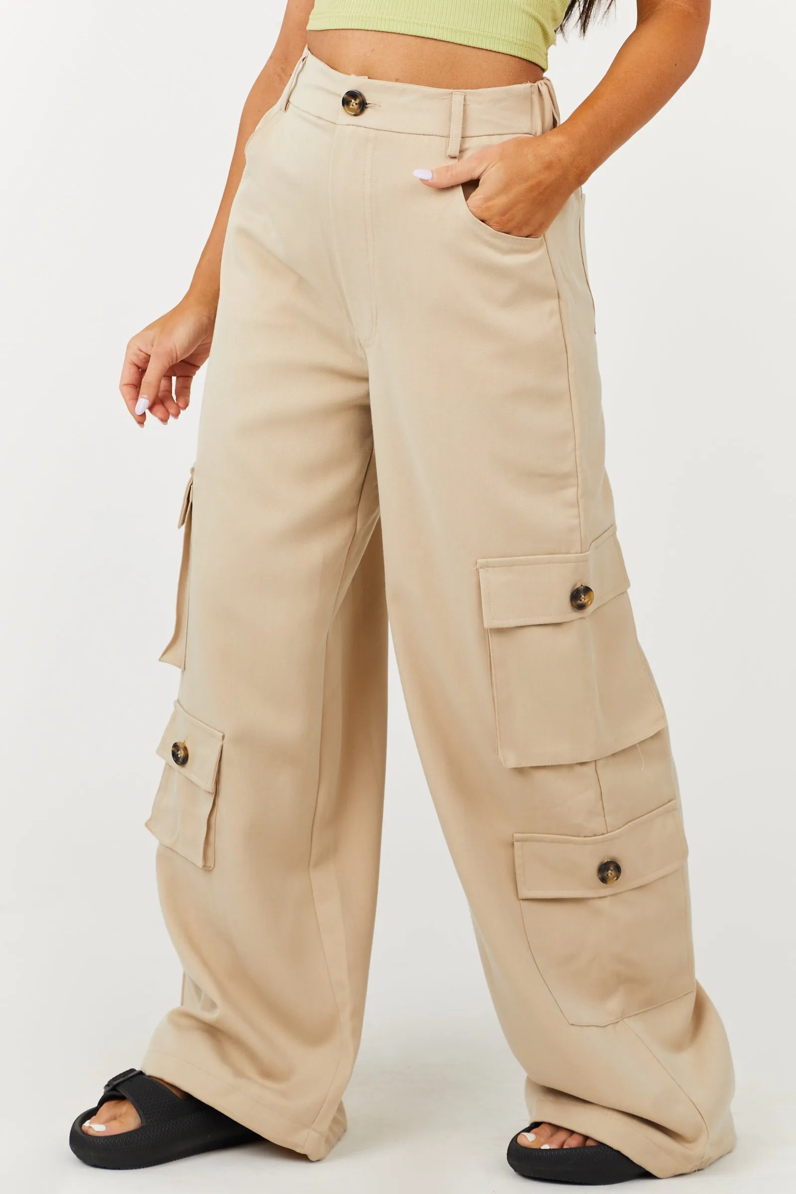 Beige High Rise Drawstring Wide Leg Cargo Pants sold by Lime Lush product image thumbnail 3
