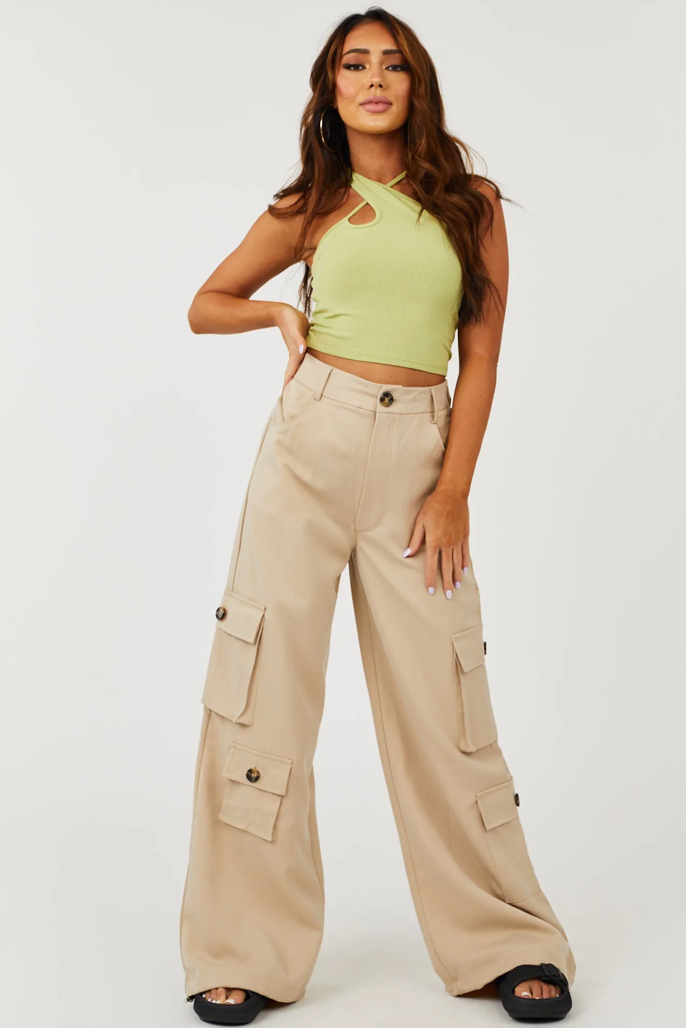 Beige High Rise Drawstring Wide Leg Cargo Pants sold by Lime Lush product image thumbnail 5