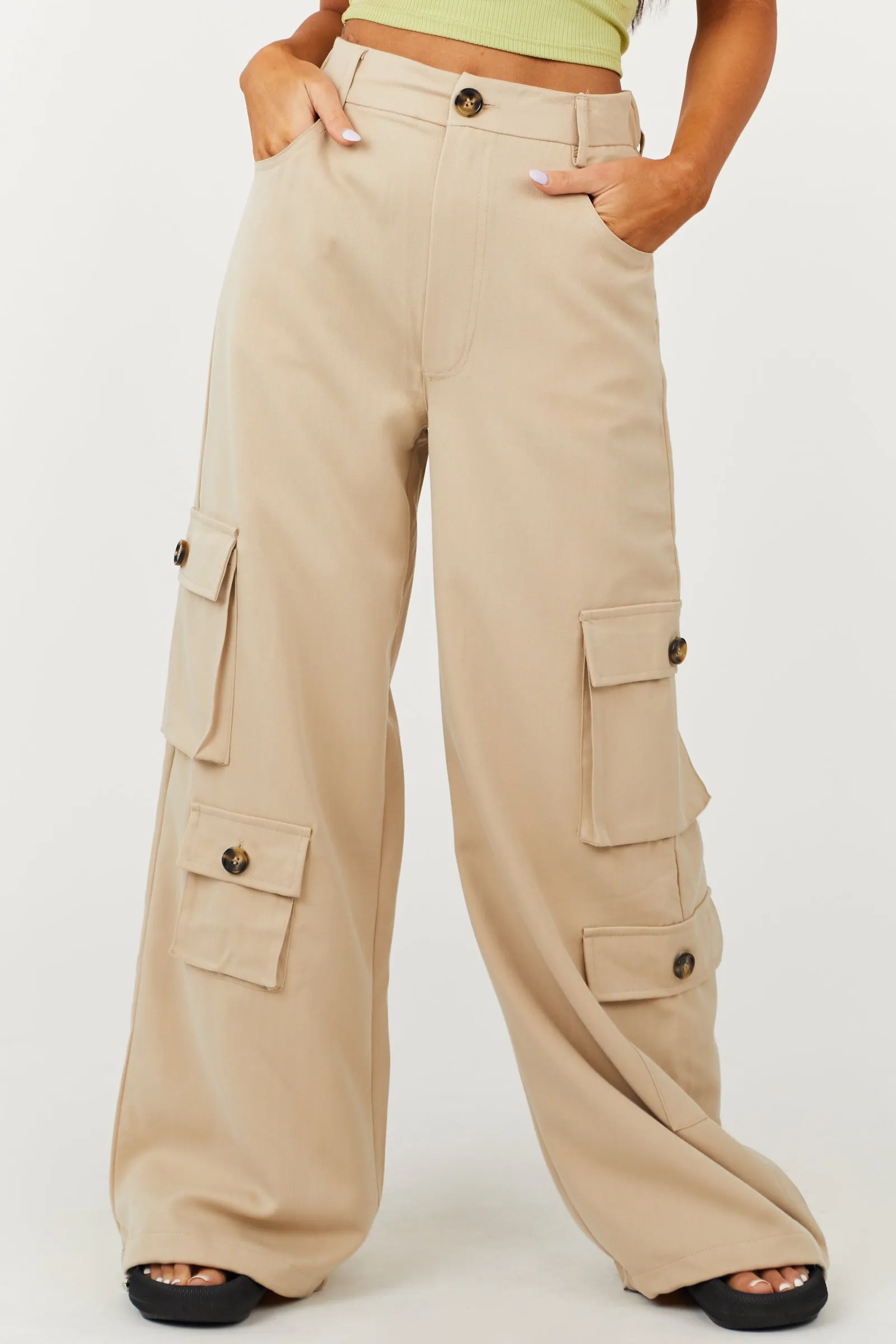 Beige High Rise Drawstring Wide Leg Cargo Pants sold by Lime Lush product image thumbnail 2