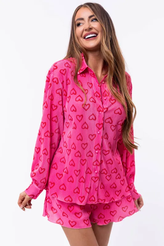 Bubblegum Heart Print Plisse Collared Top sold by Lime Lush