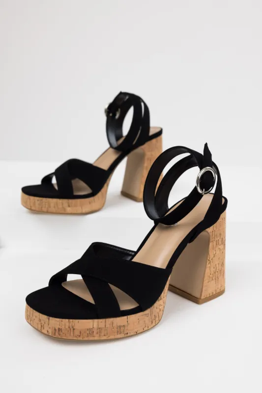 Black Ankle Strap Cork Platform Heels sold by Lime Lush
