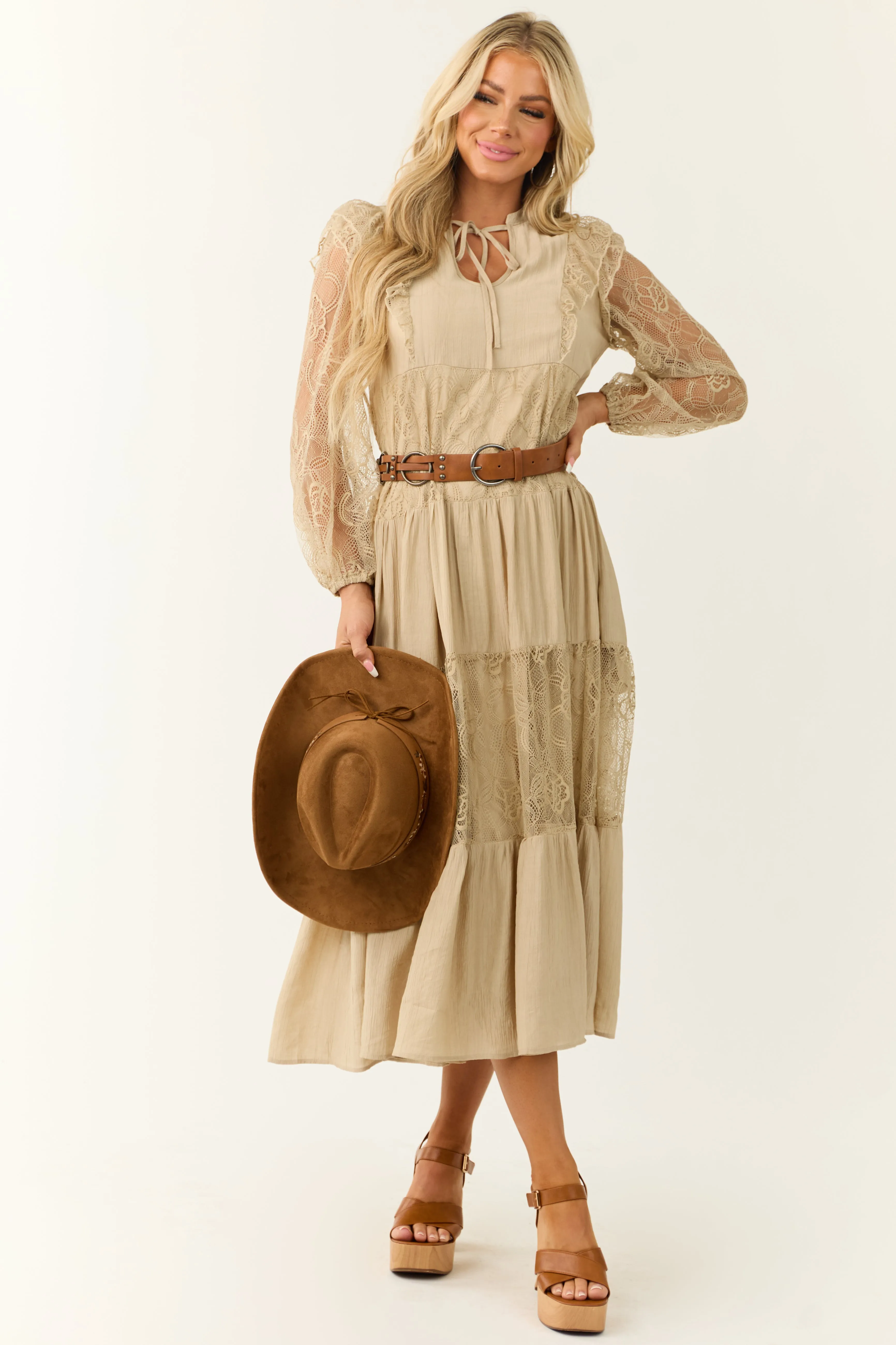 Beige Front Tie Tiered Lace Maxi Dress sold by Lime Lush product image thumbnail 3