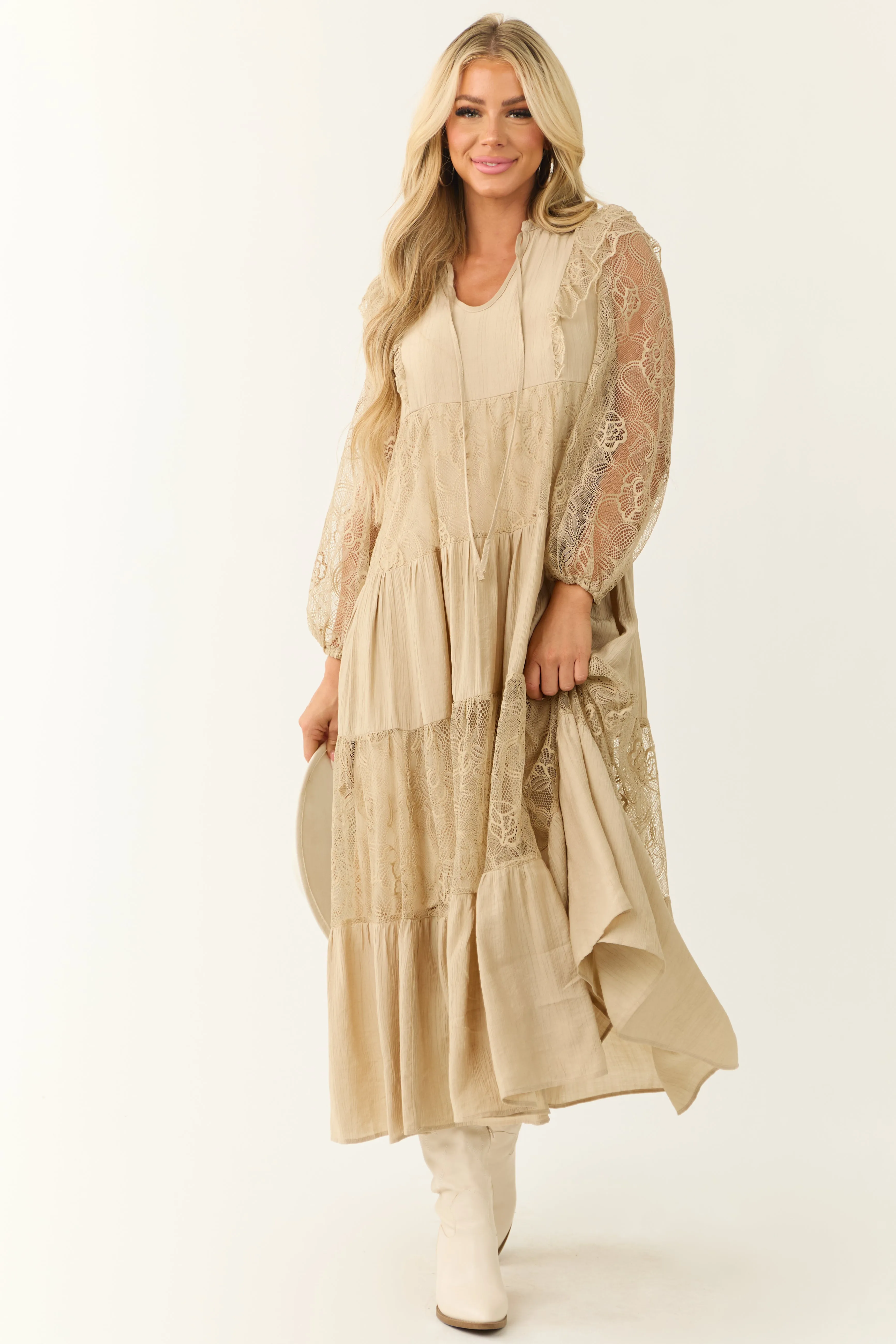 Beige Front Tie Tiered Lace Maxi Dress sold by Lime Lush product image thumbnail 5