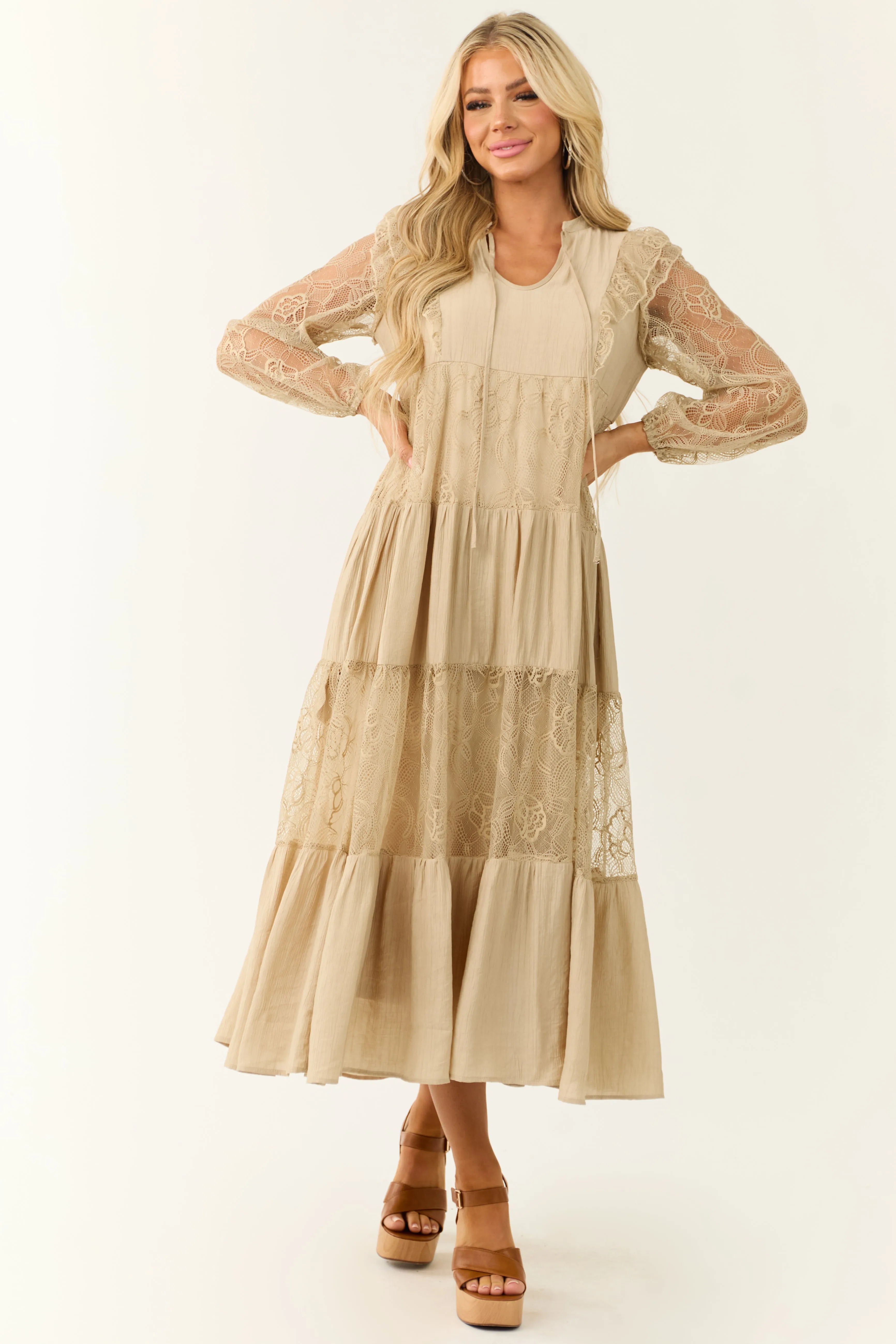 Beige Front Tie Tiered Lace Maxi Dress sold by Lime Lush product image thumbnail 4