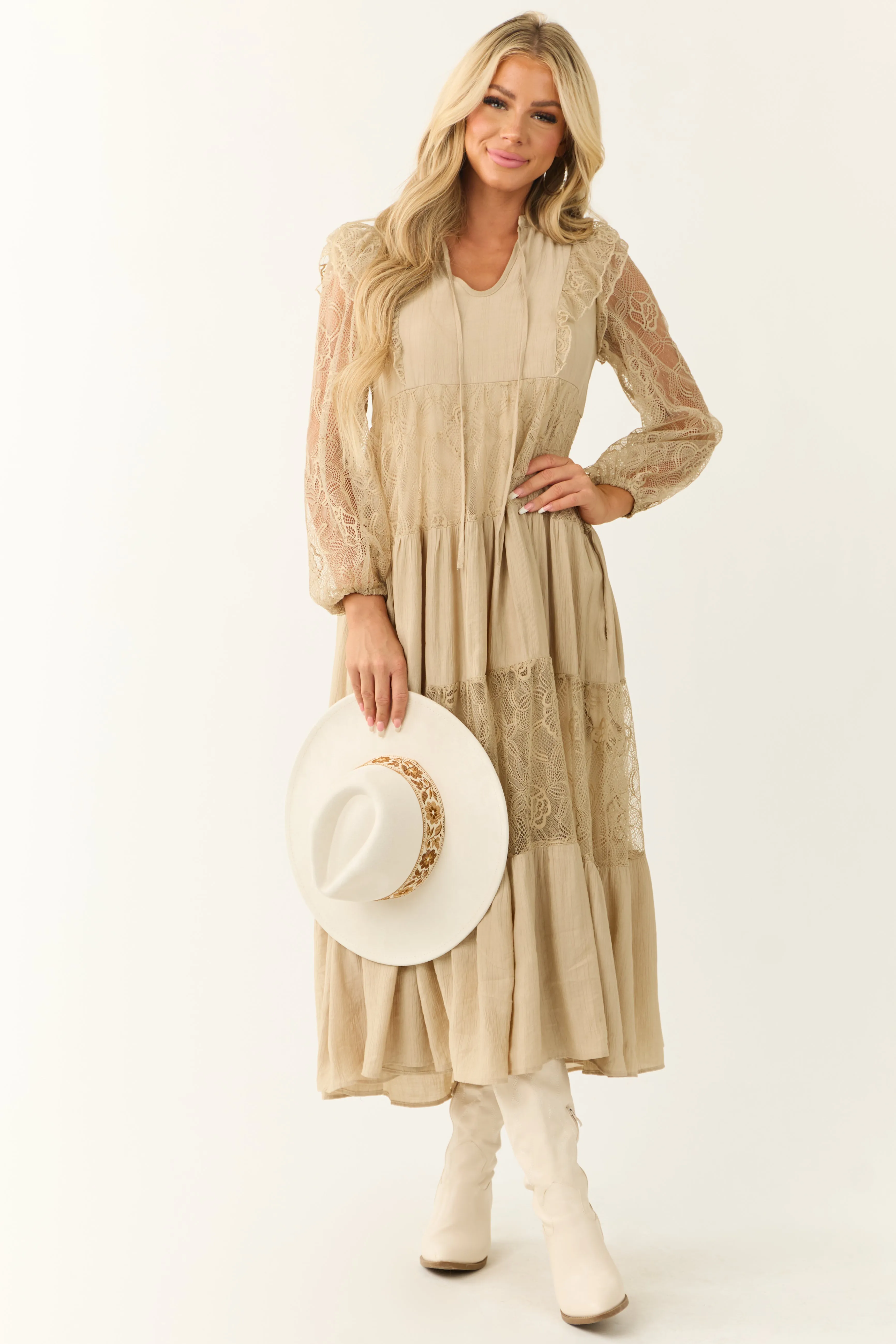 Beige Front Tie Tiered Lace Maxi Dress sold by Lime Lush