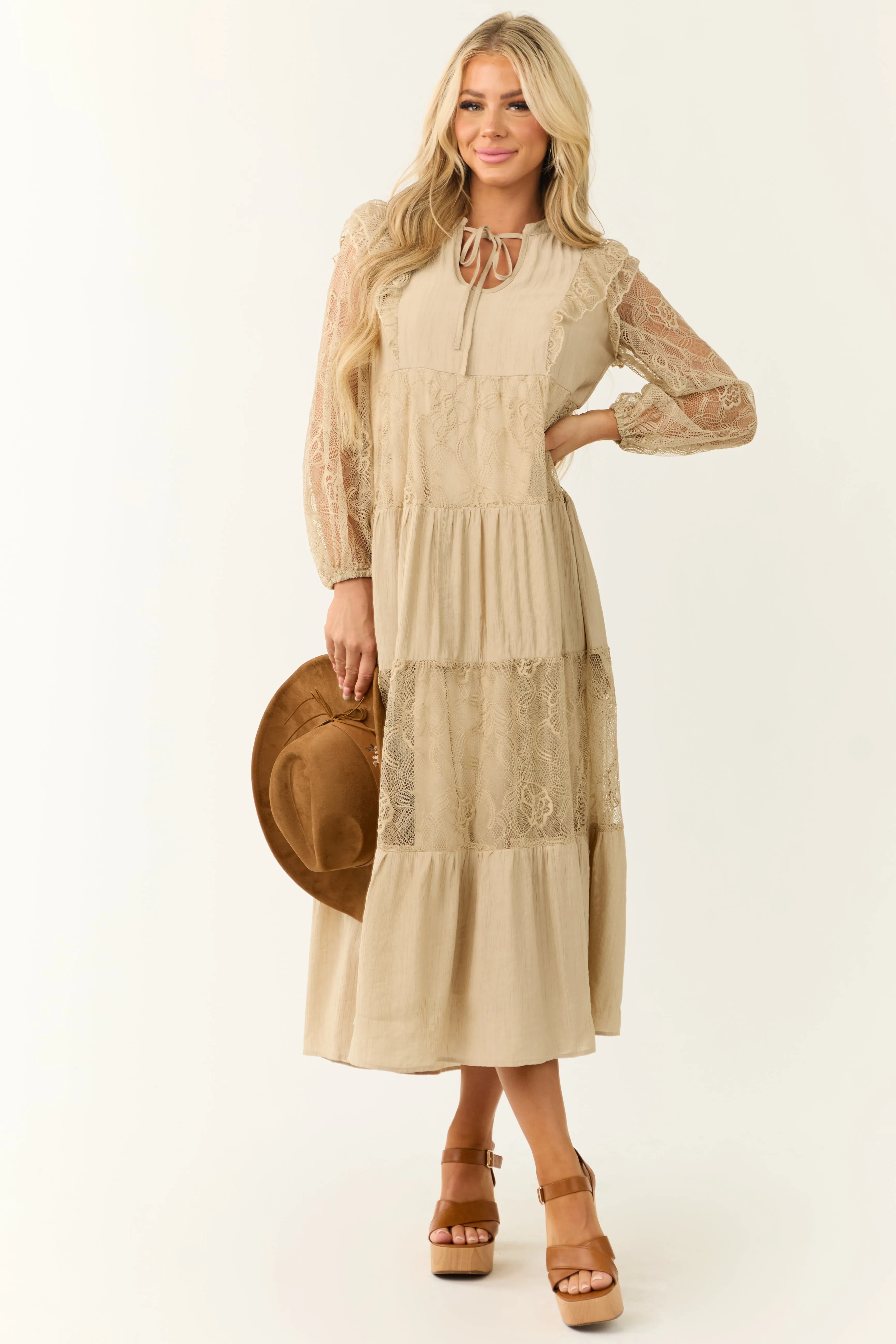 Beige Front Tie Tiered Lace Maxi Dress sold by Lime Lush product image thumbnail 2