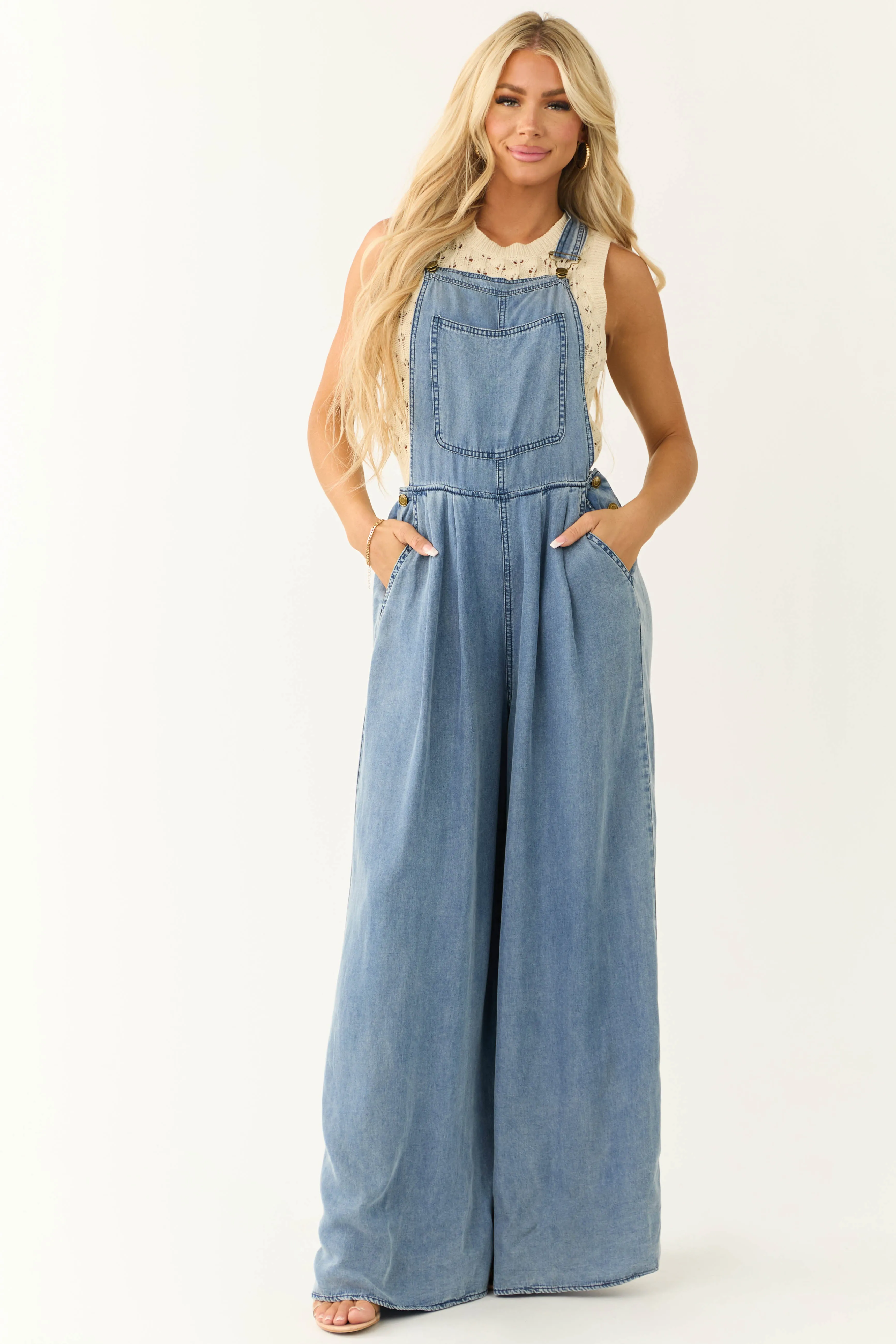 Vanilla Bay Medium Wash Palazzo Leg Denim Overalls sold by Lime Lush