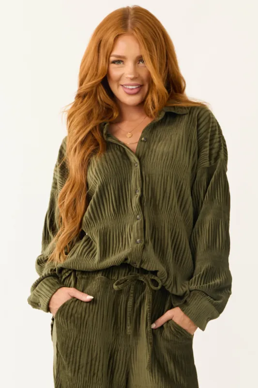 Olive Super Soft Crinkle Velvet Button Top sold by Lime Lush
