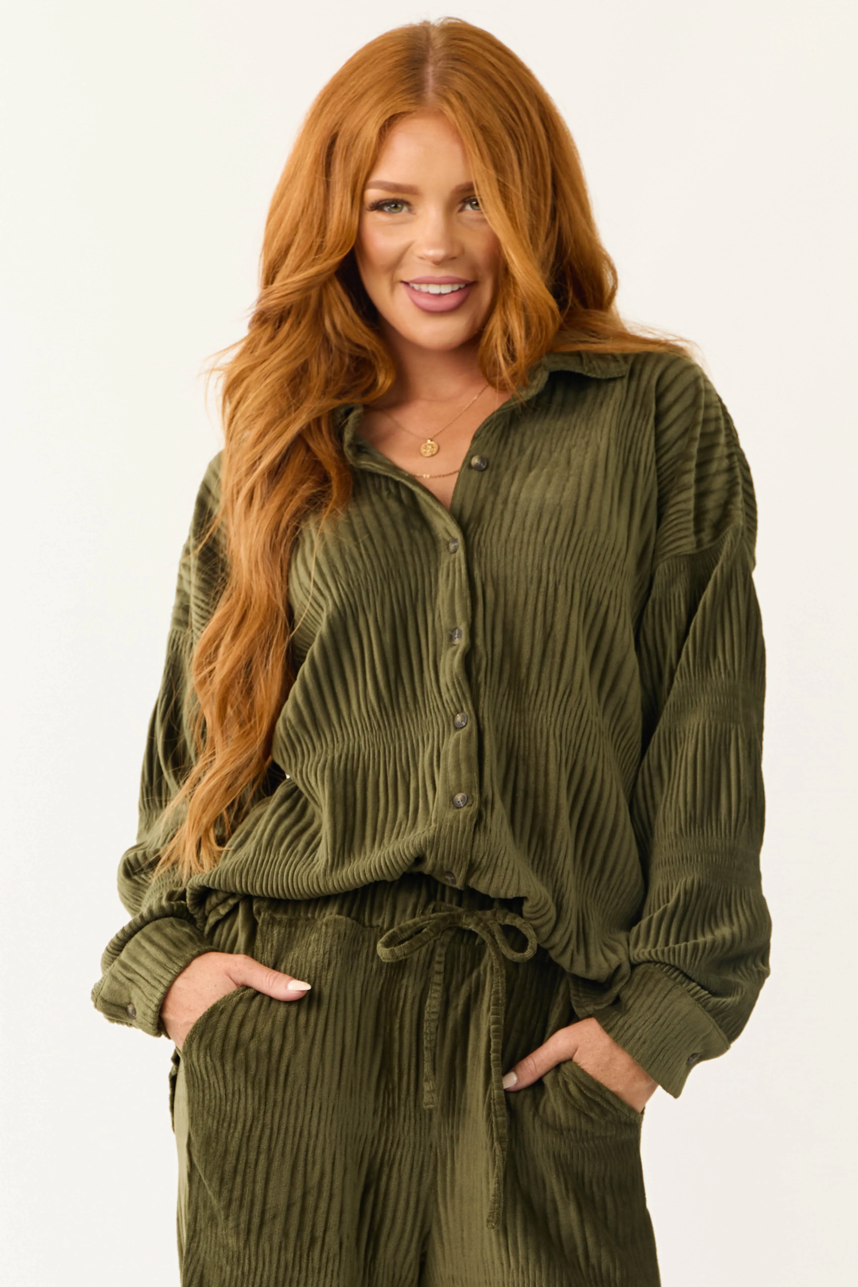Olive Super Soft Crinkle Velvet Button Top sold by Lime Lush