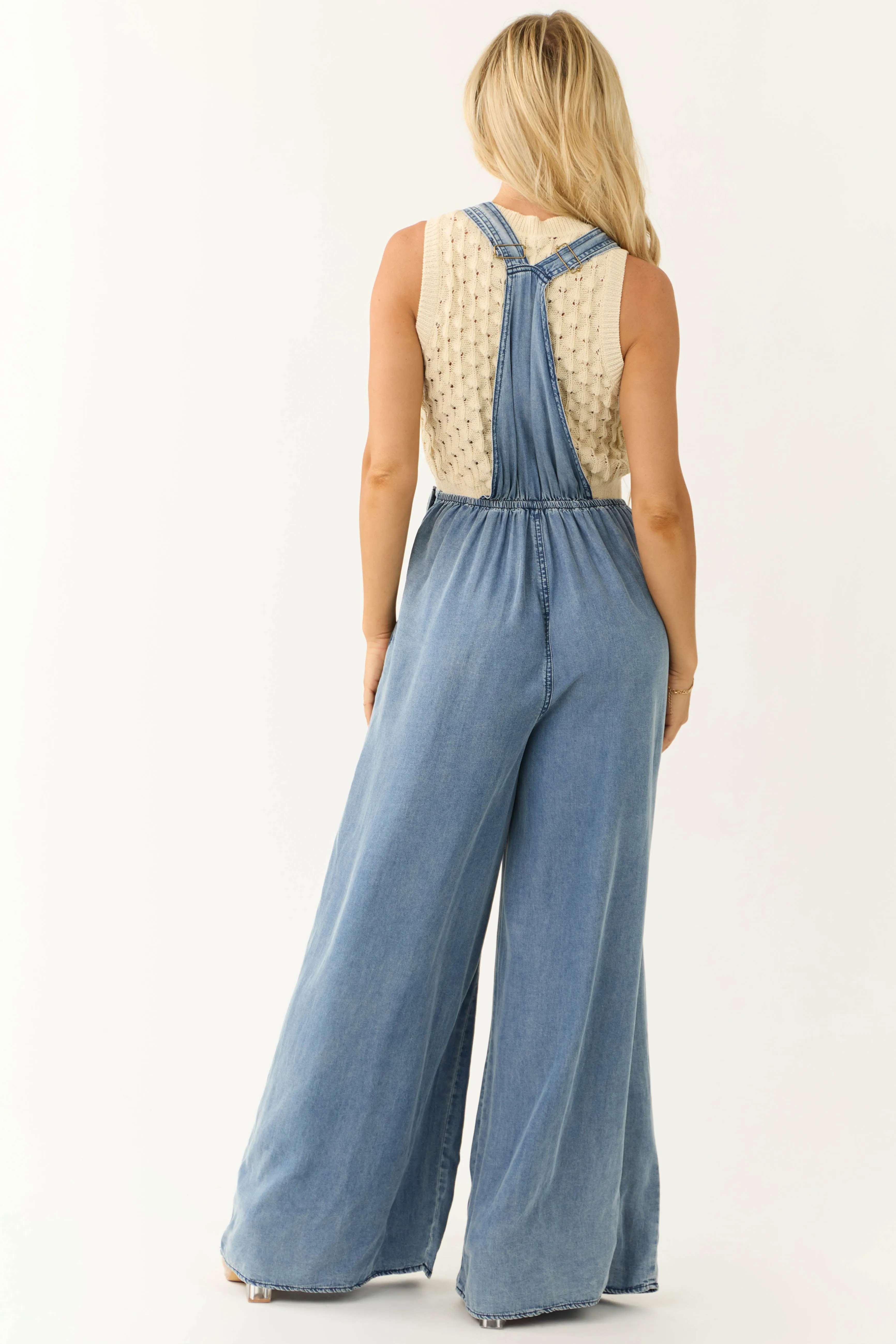 Vanilla Bay Medium Wash Palazzo Leg Denim Overalls sold by Lime Lush product image thumbnail 5