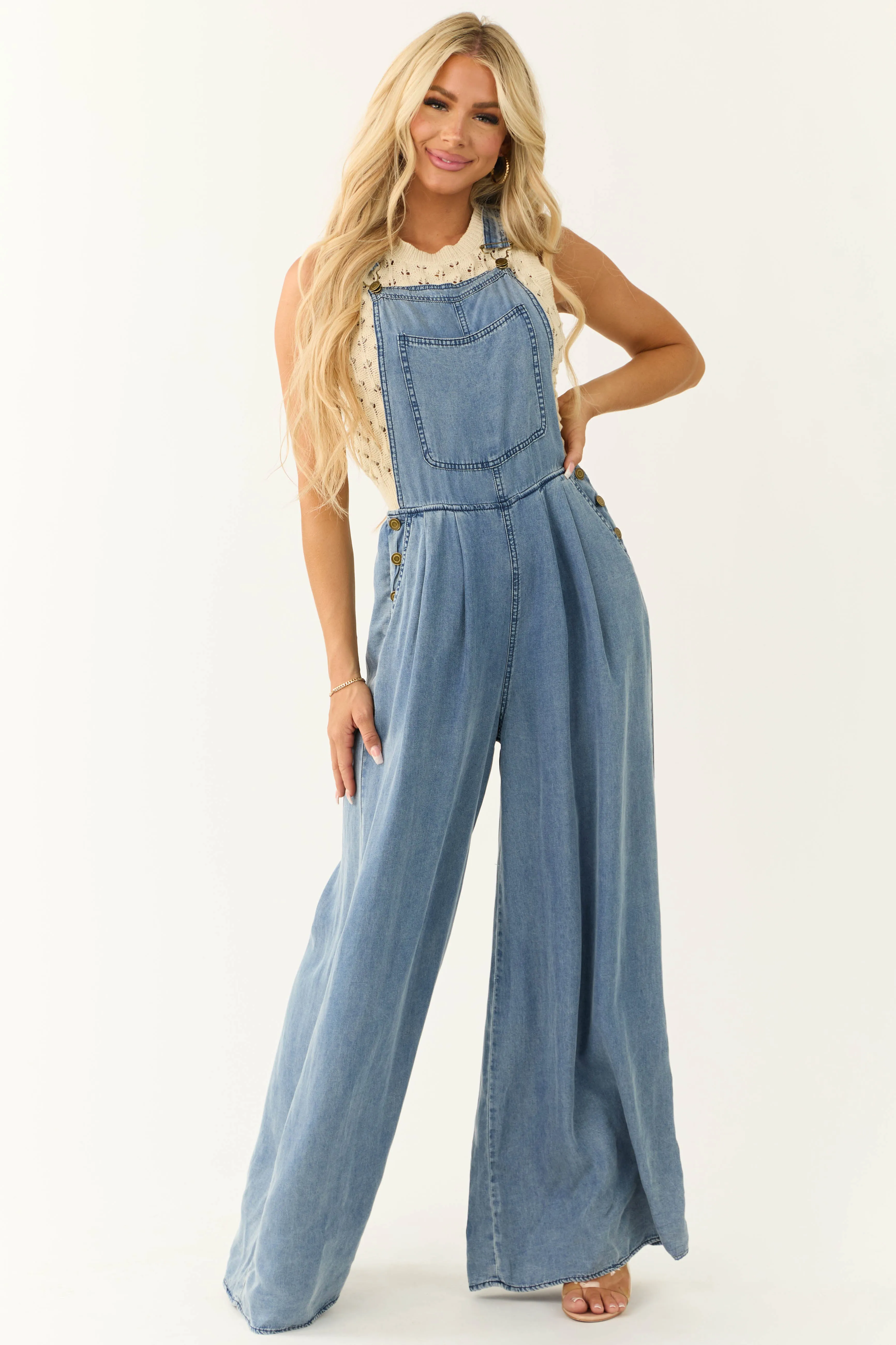 Vanilla Bay Medium Wash Palazzo Leg Denim Overalls sold by Lime Lush product image thumbnail 3