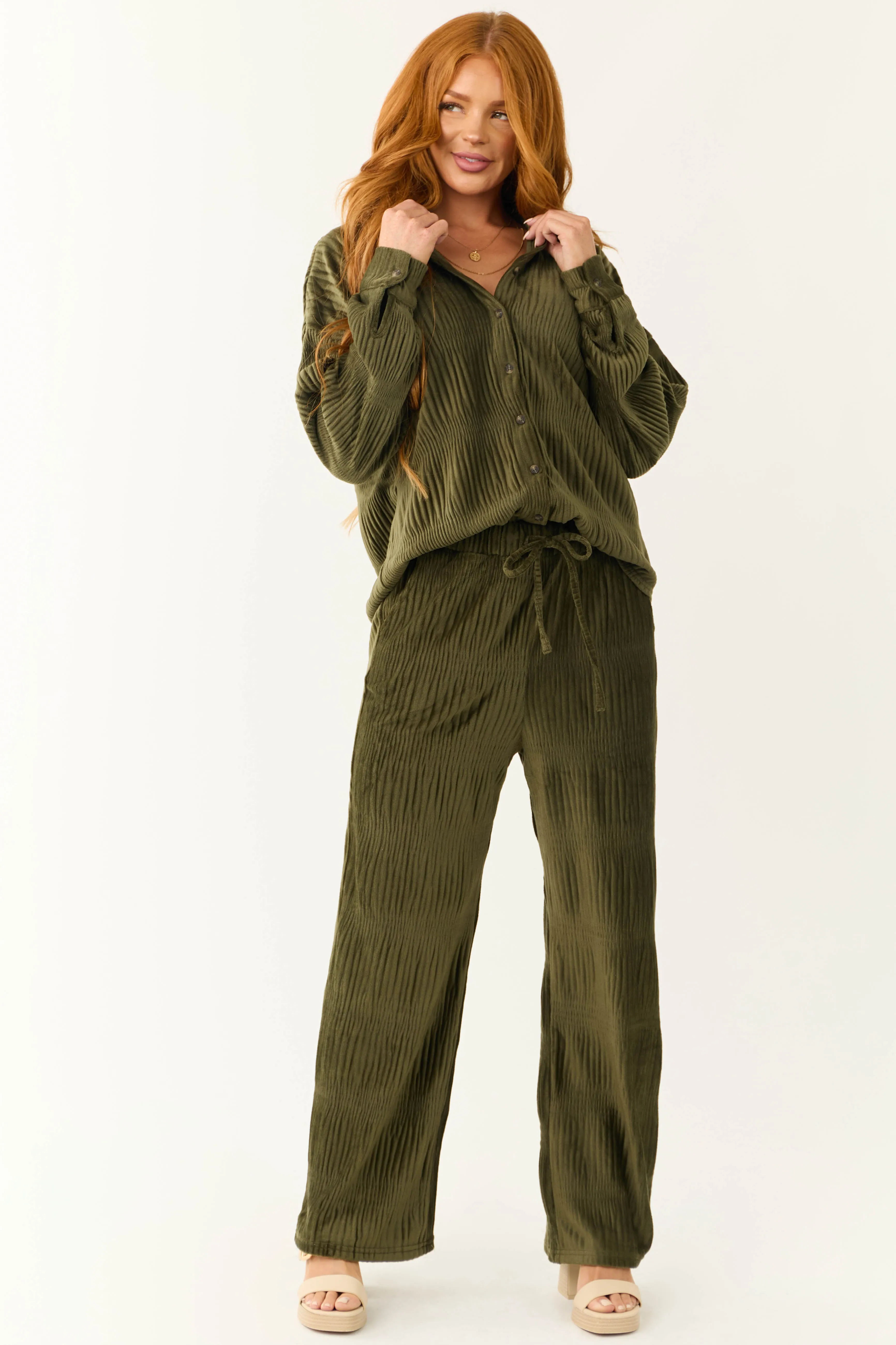 Olive Super Soft Crinkle Velvet Button Top sold by Lime Lush product image thumbnail 3