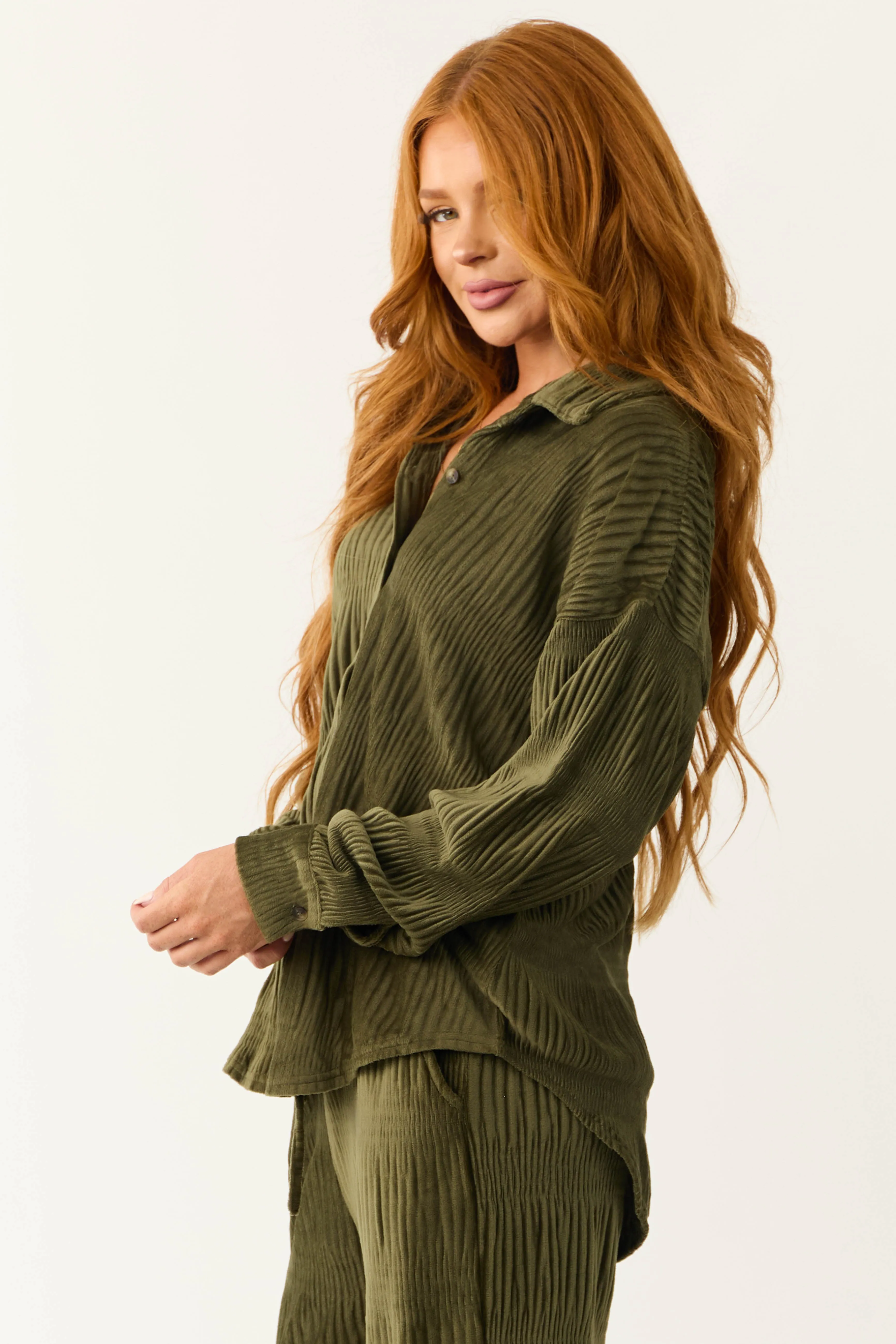 Olive Super Soft Crinkle Velvet Button Top sold by Lime Lush product image thumbnail 4