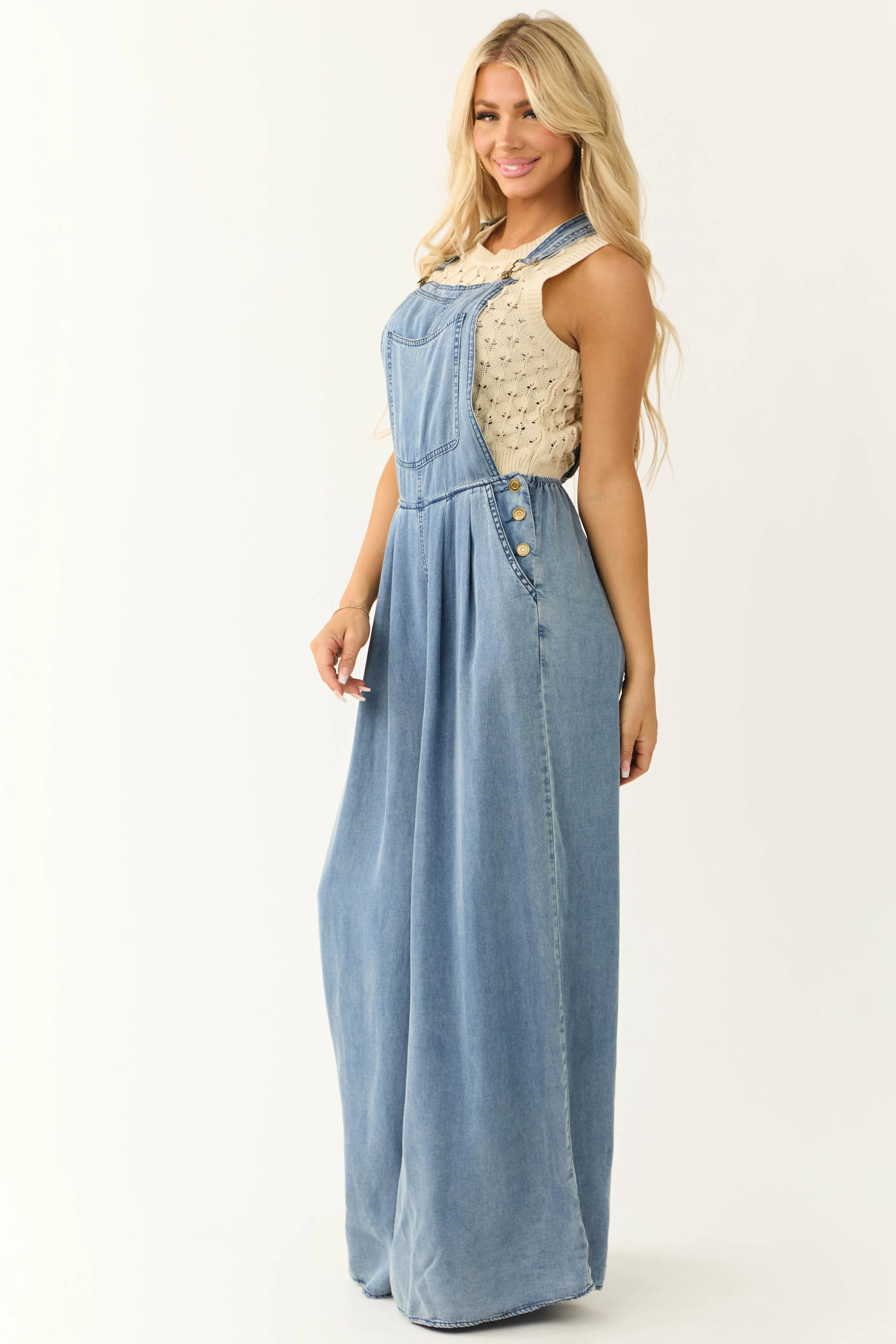 Vanilla Bay Medium Wash Palazzo Leg Denim Overalls sold by Lime Lush product image thumbnail 4