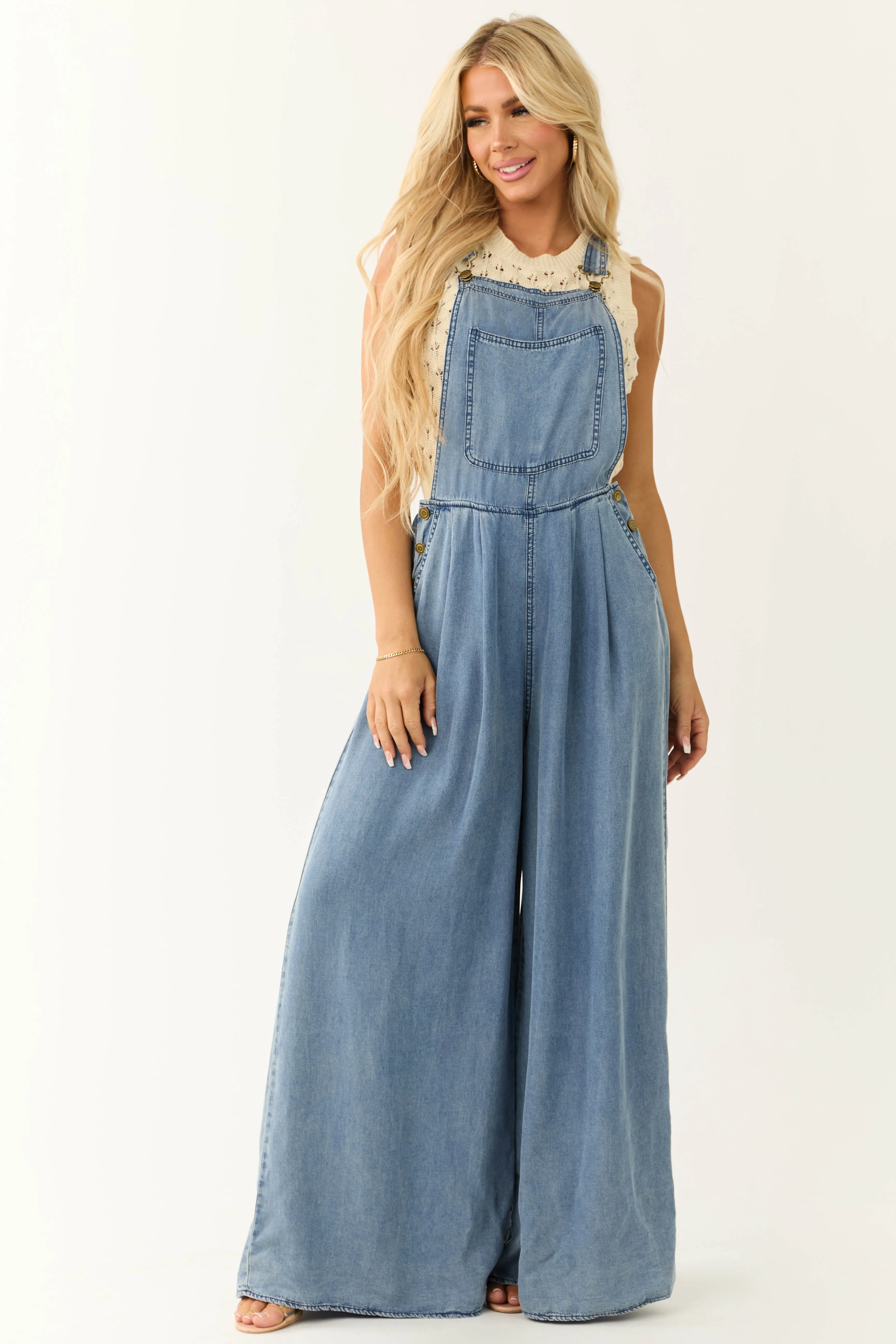 Vanilla Bay Medium Wash Palazzo Leg Denim Overalls sold by Lime Lush product image thumbnail 2