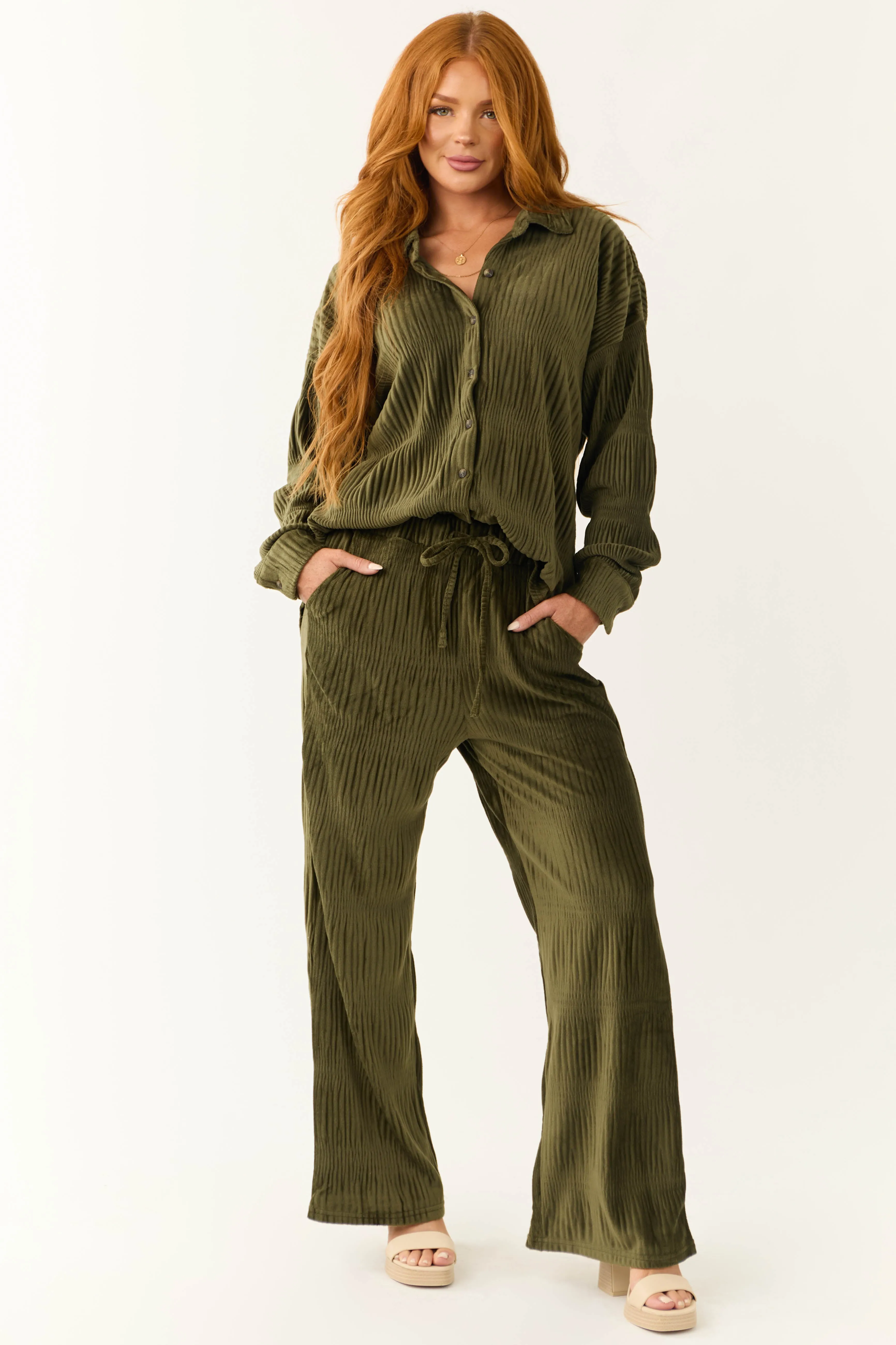Olive Super Soft Crinkle Velvet Button Top sold by Lime Lush product image thumbnail 2