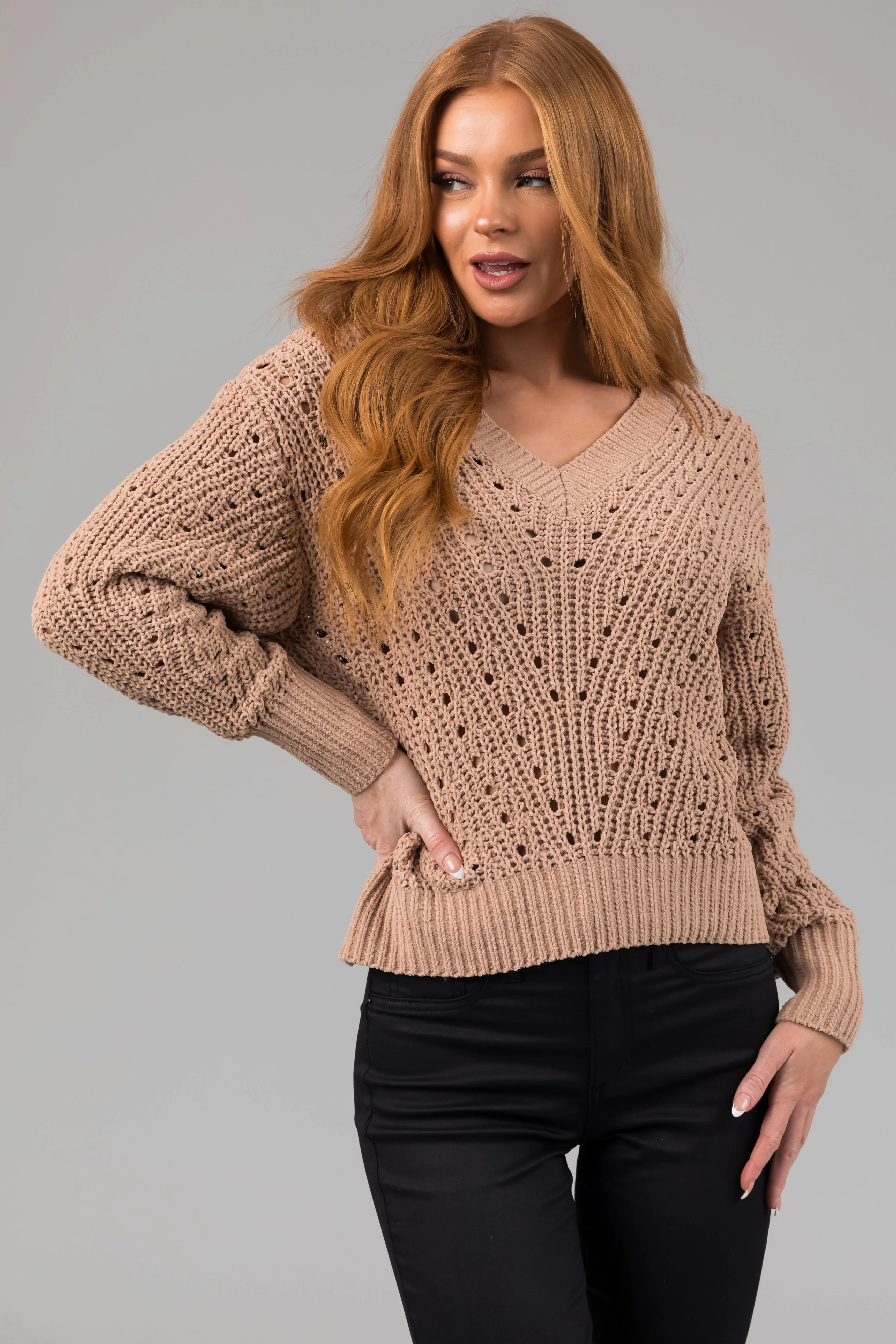 Latte Pointelle Cut Out Chenille Sweater sold by Lime Lush
