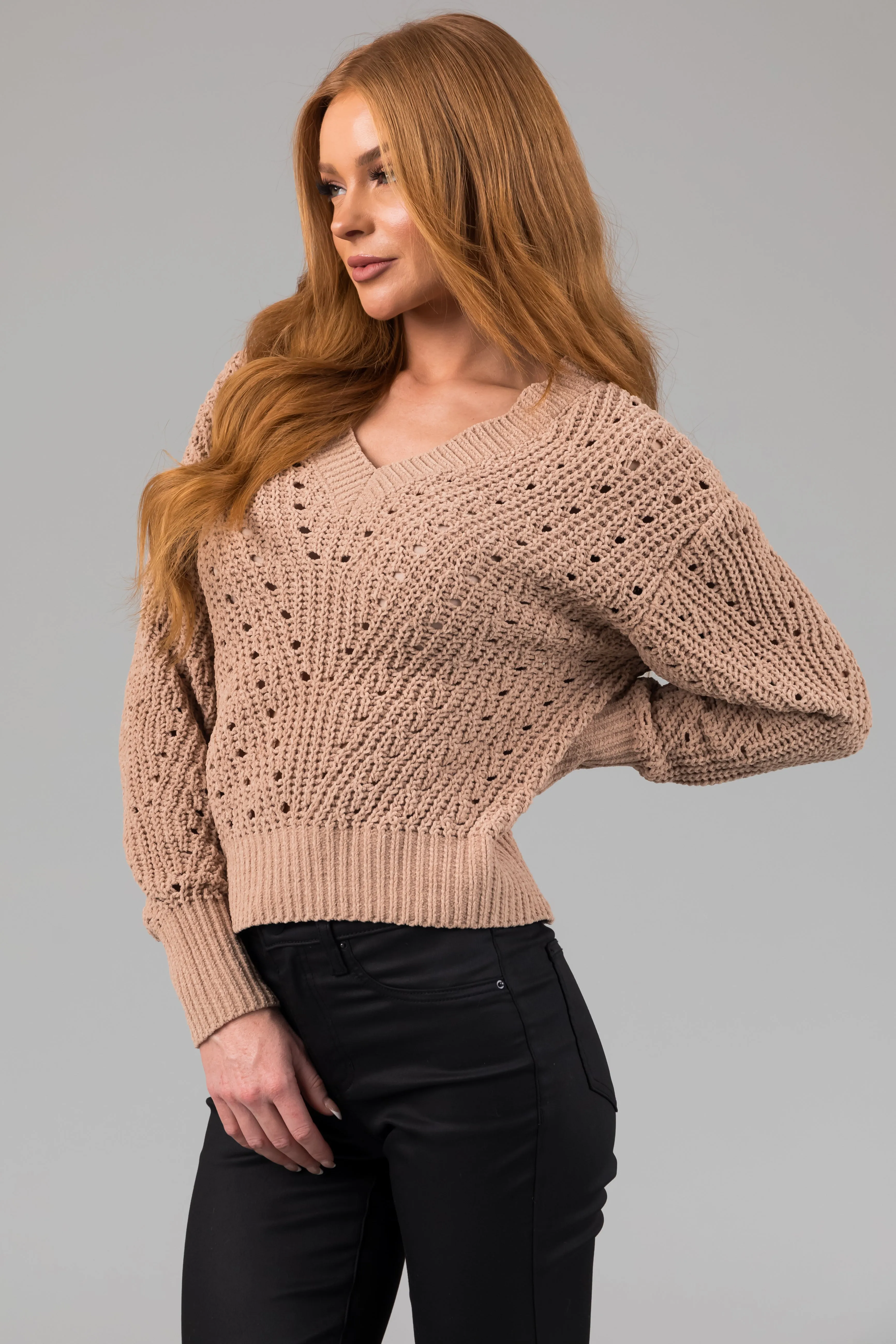Latte Pointelle Cut Out Chenille Sweater sold by Lime Lush product image thumbnail 4