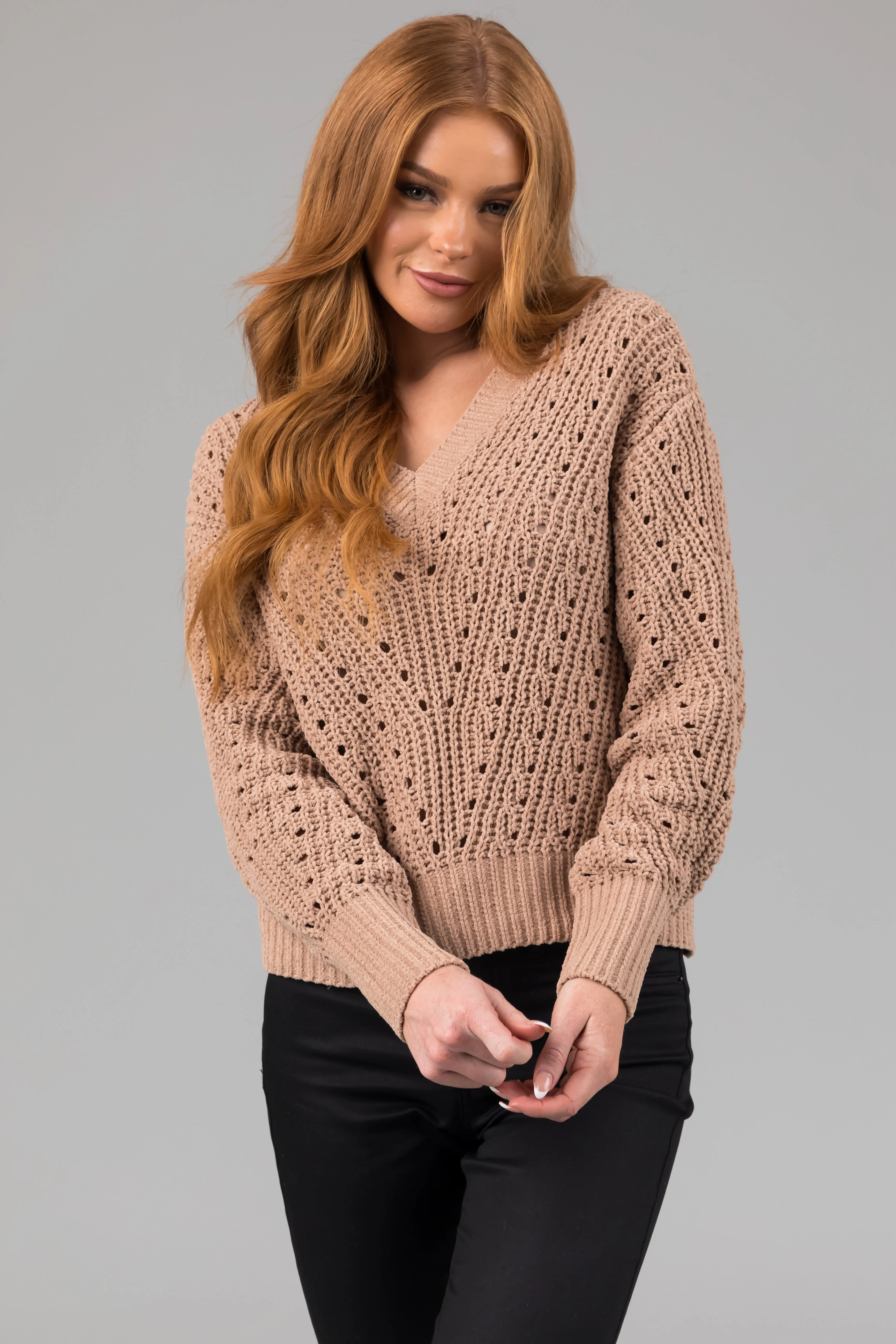 Latte Pointelle Cut Out Chenille Sweater sold by Lime Lush product image thumbnail 2