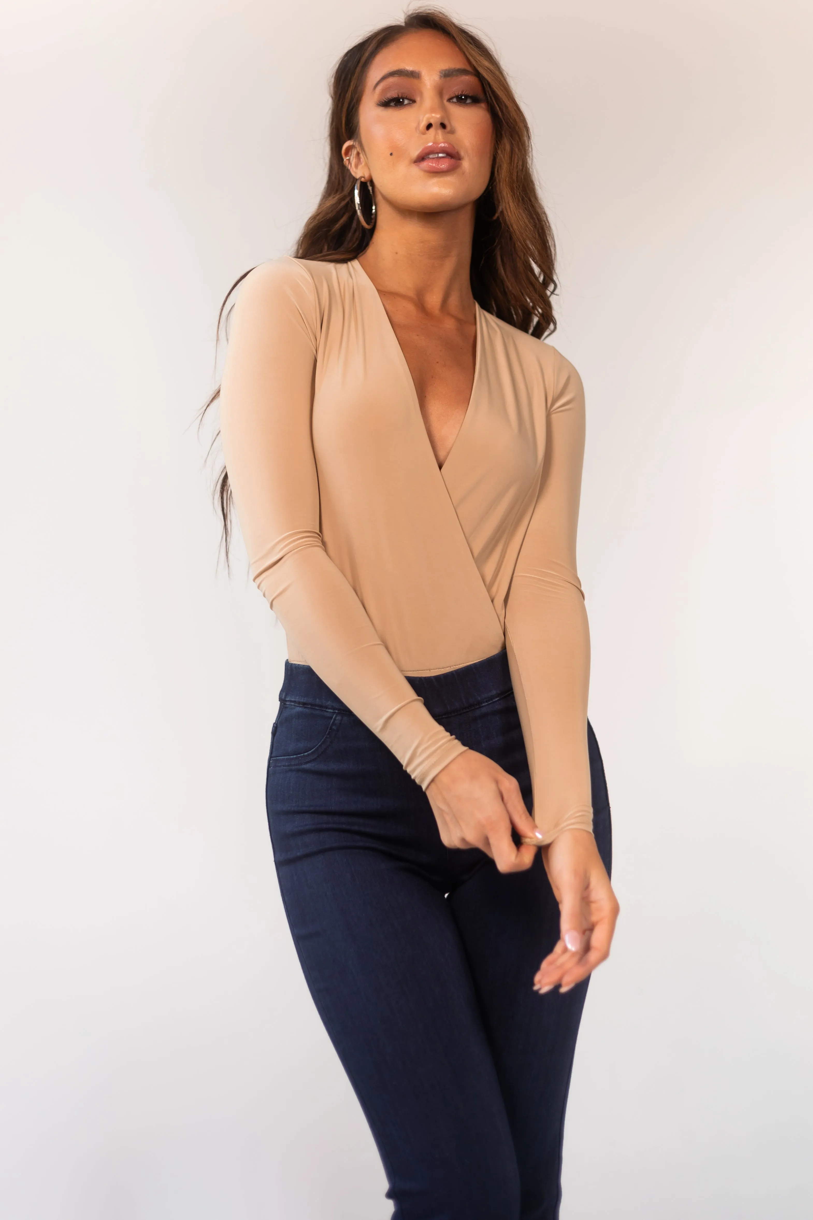 Camel Plunging Surplice Long Sleeve Bodysuit sold by Lime Lush product image thumbnail 2
