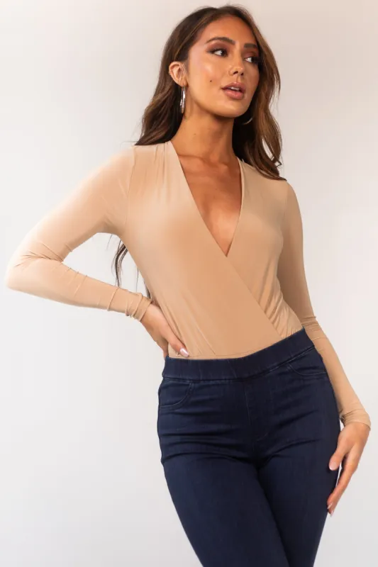 Camel Plunging Surplice Long Sleeve Bodysuit sold by Lime Lush